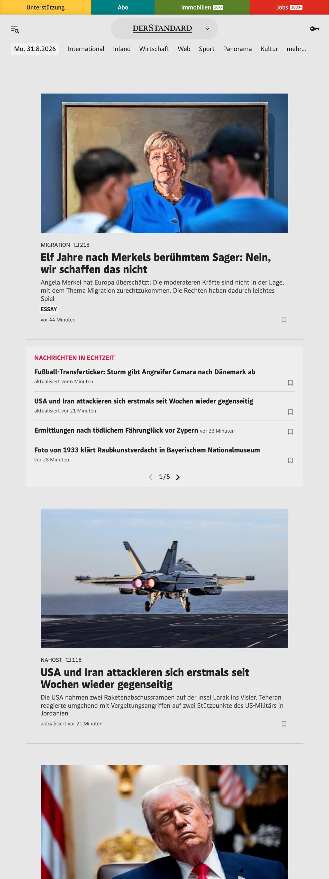 Screenshot of the DER STANDARD front page