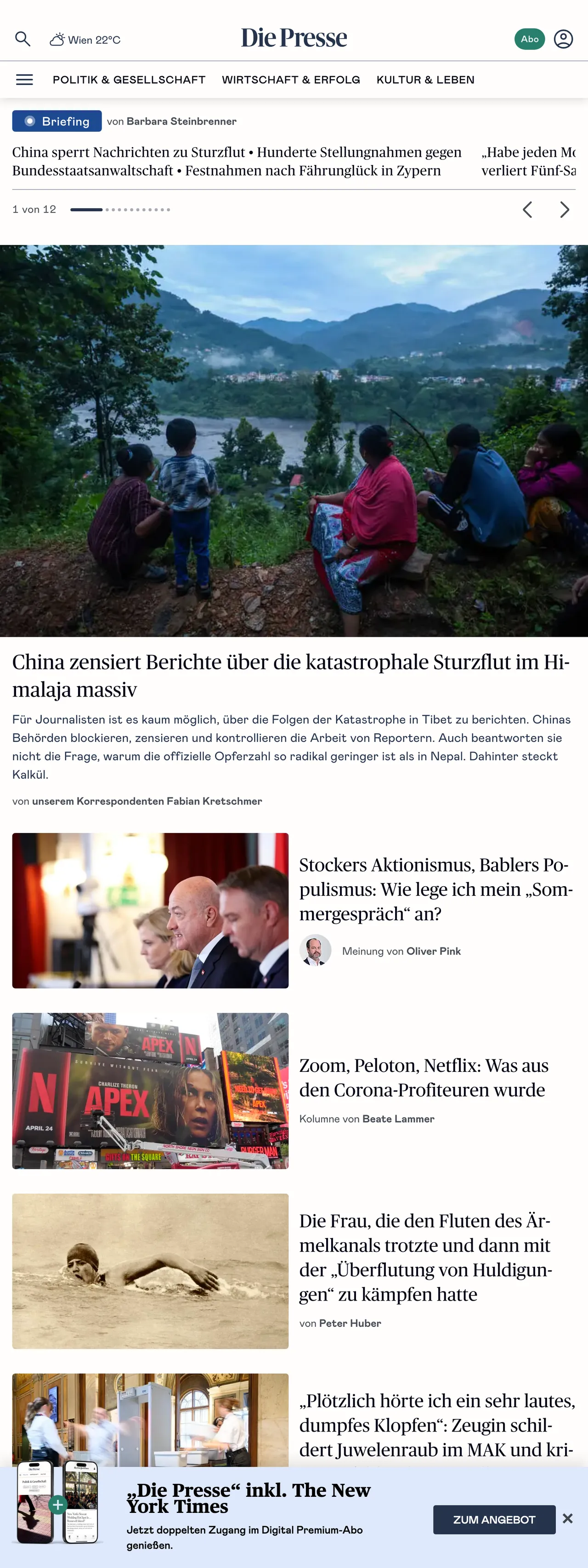 Screenshot of the Die Presse front page