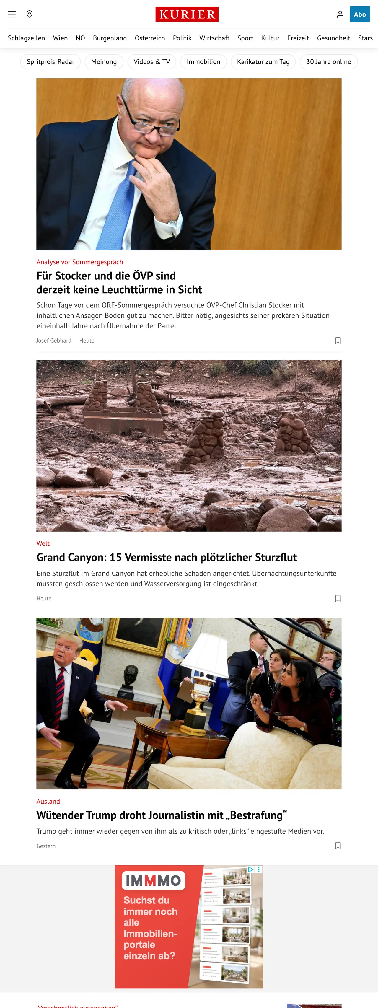 Screenshot of the Kurier front page