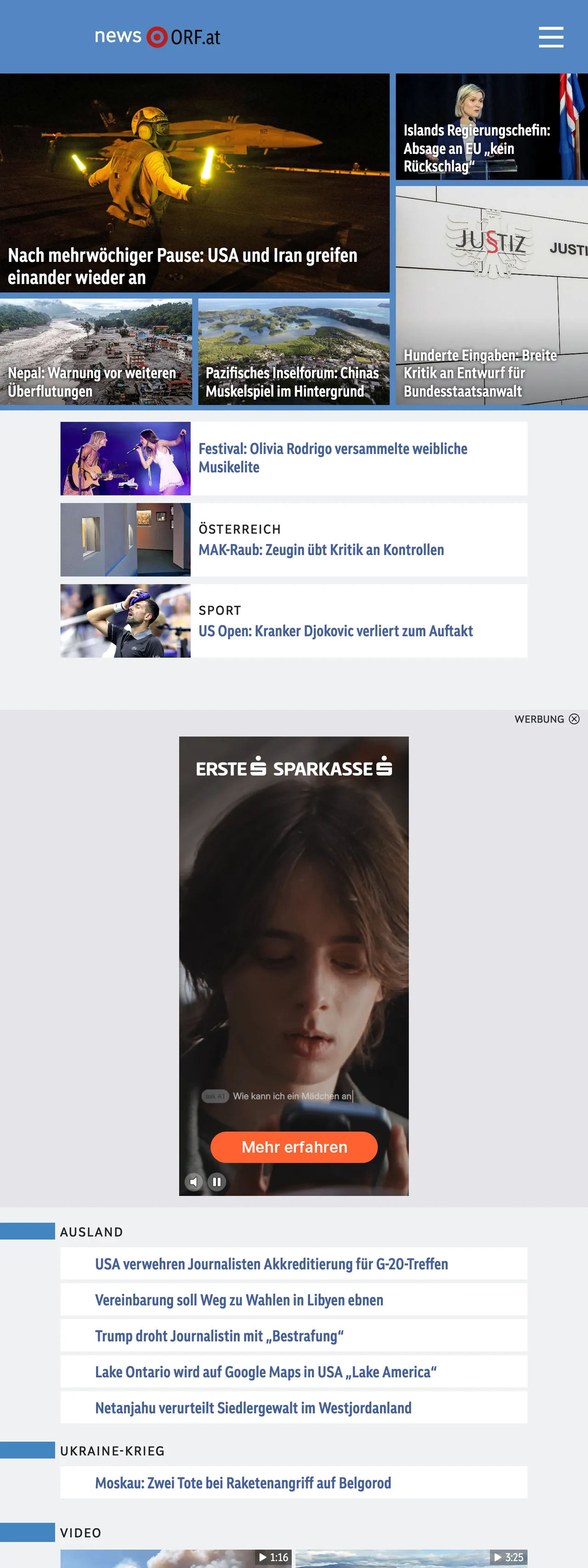 Screenshot of the ORF front page