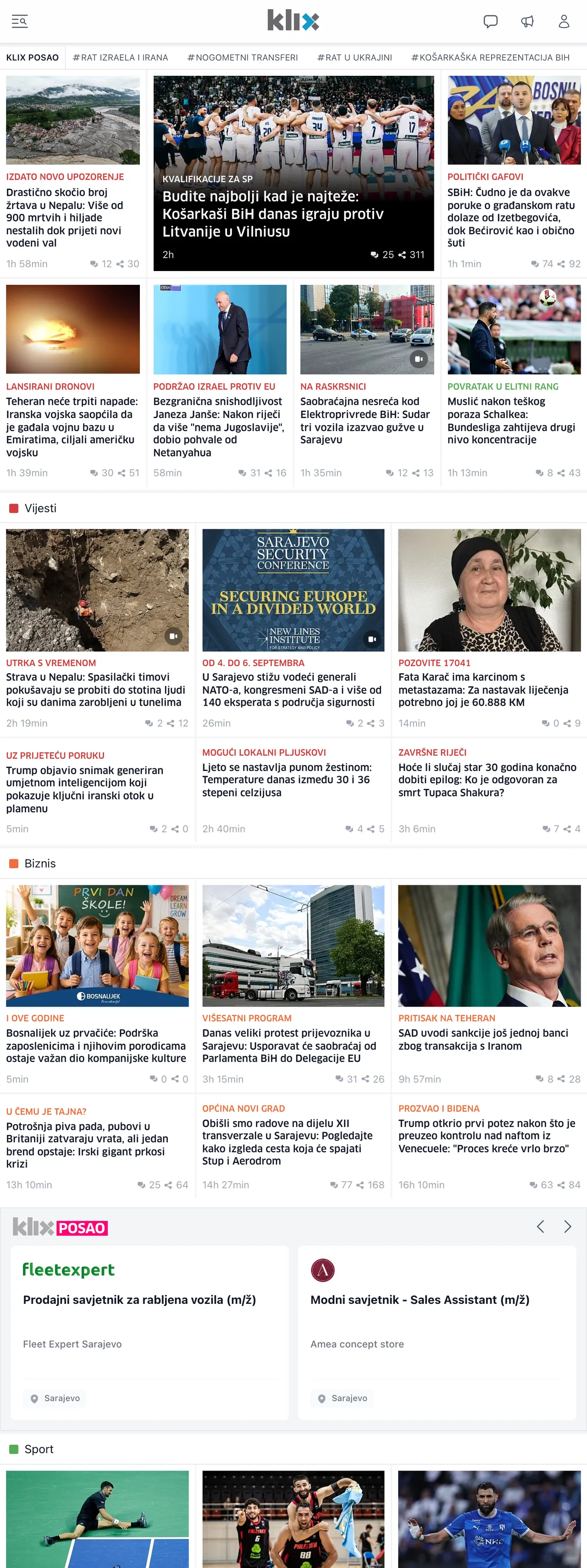 Screenshot of the Klix.ba front page