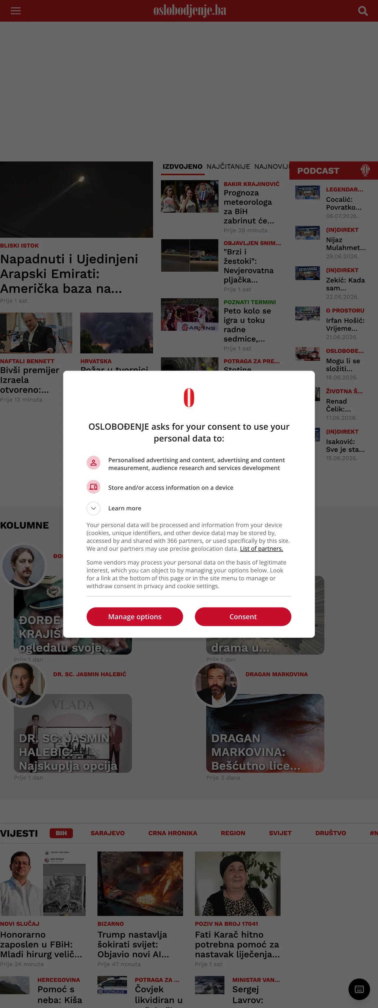 Screenshot of the Oslobođenje front page