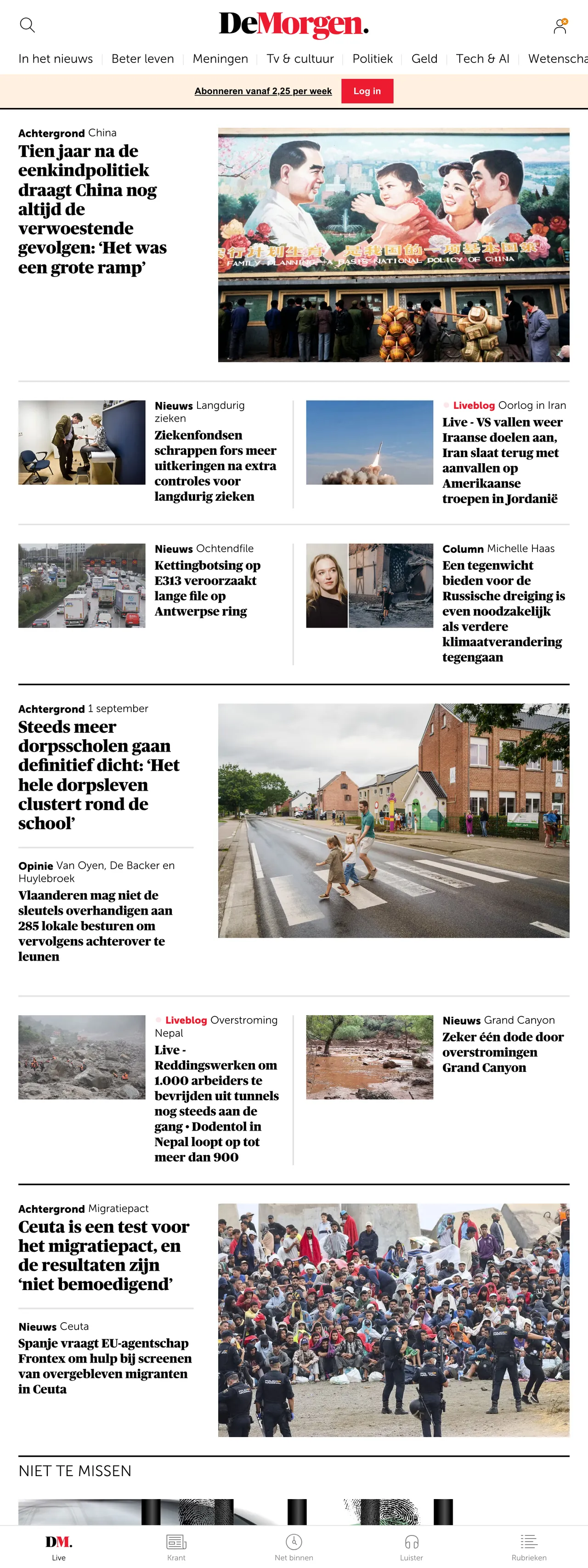 Screenshot of the De Morgen front page