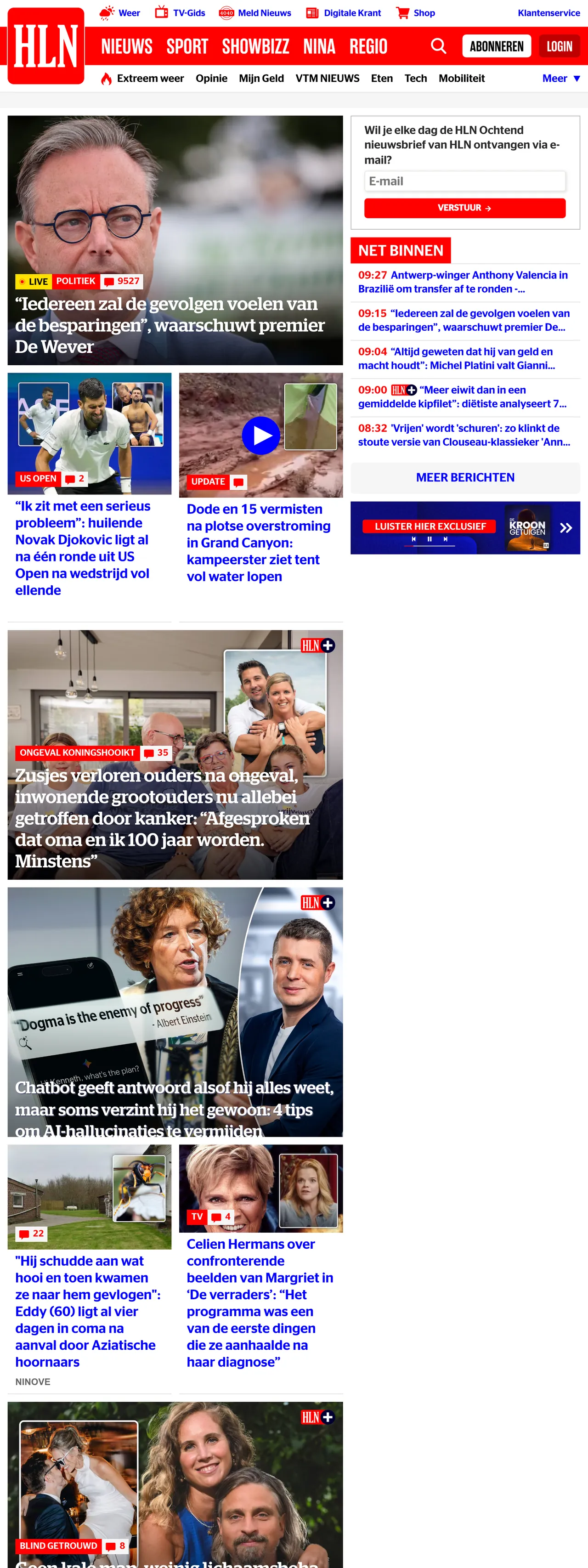 Screenshot of the HLN front page