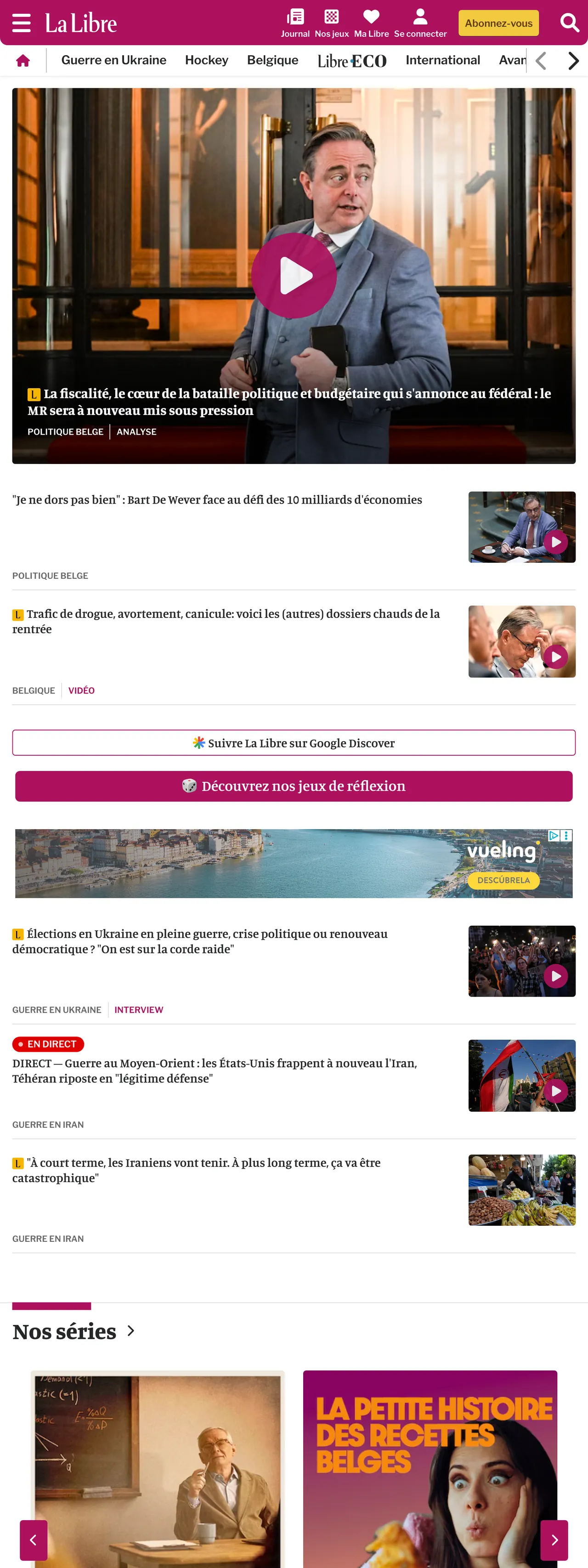 Screenshot of the La Libre front page