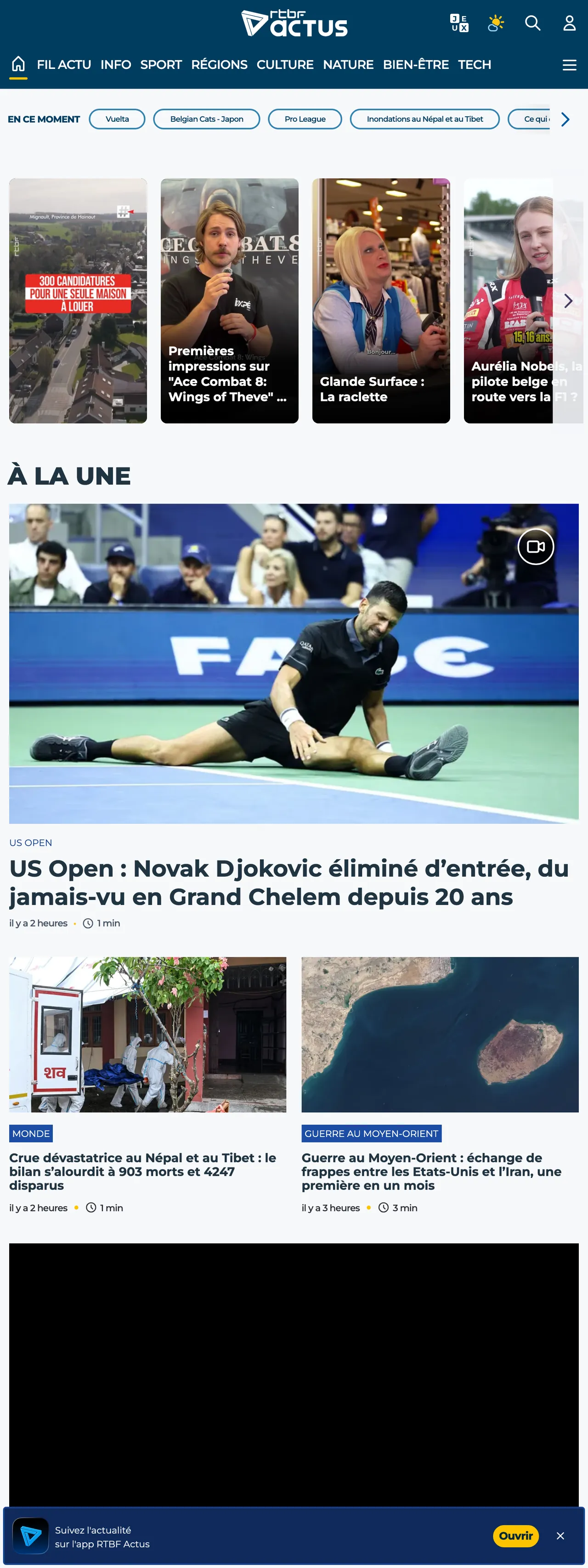 Screenshot of the RTBF front page
