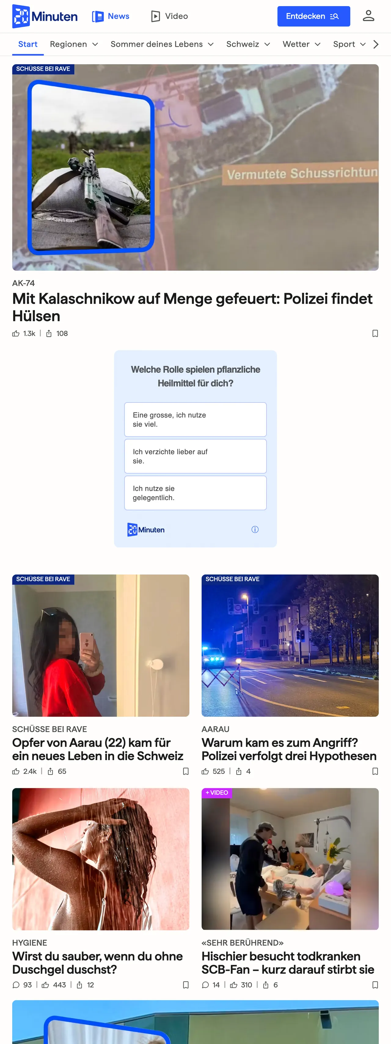Screenshot of the 20 Minuten front page