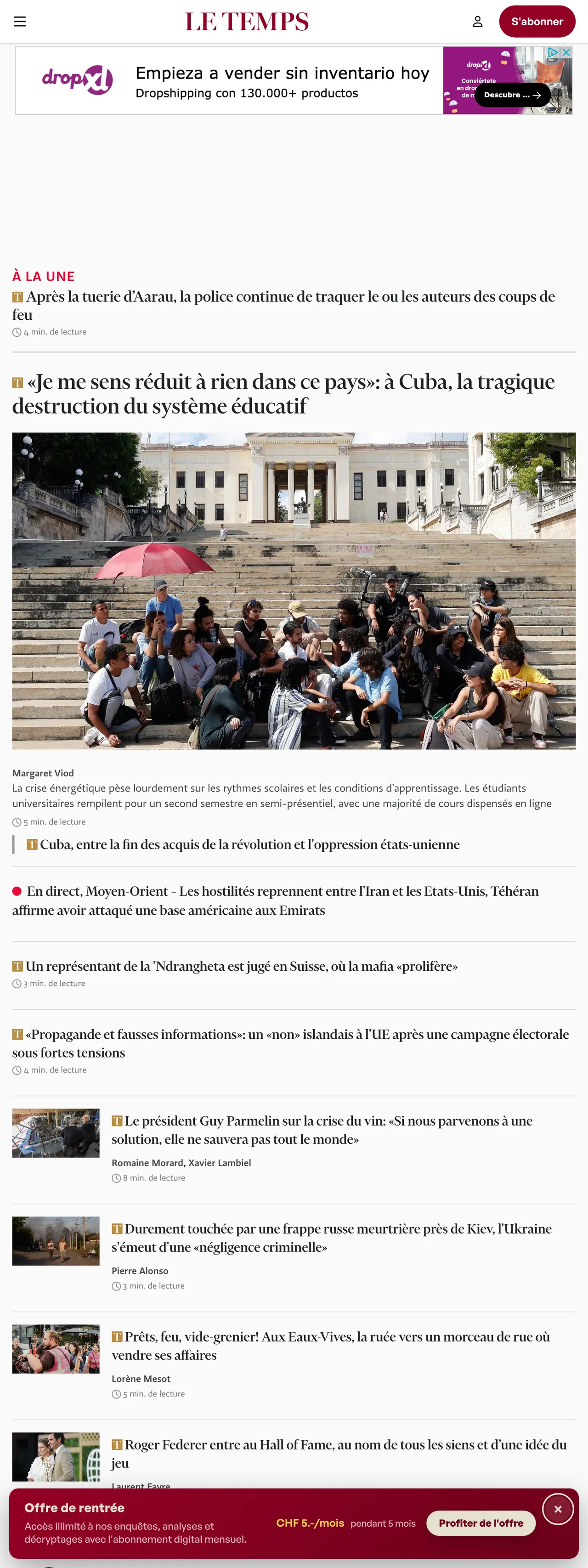 Screenshot of the Le Temps front page