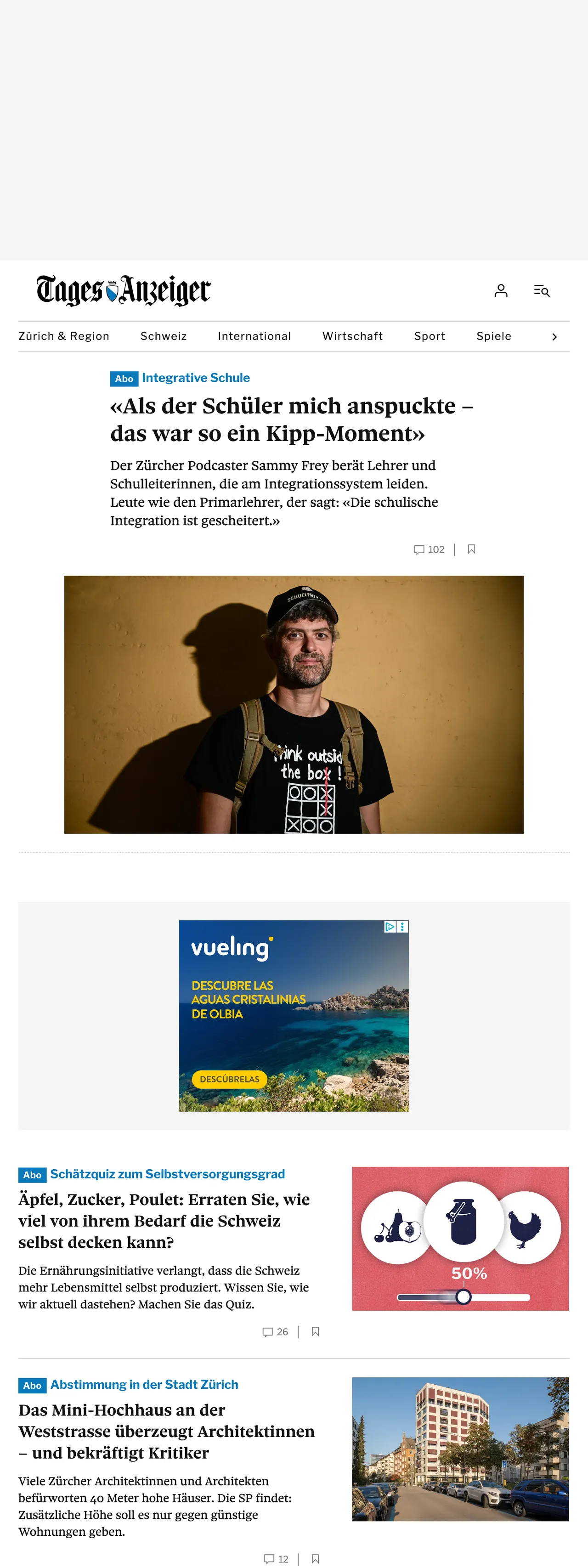 Screenshot of the Tages-Anzeiger front page