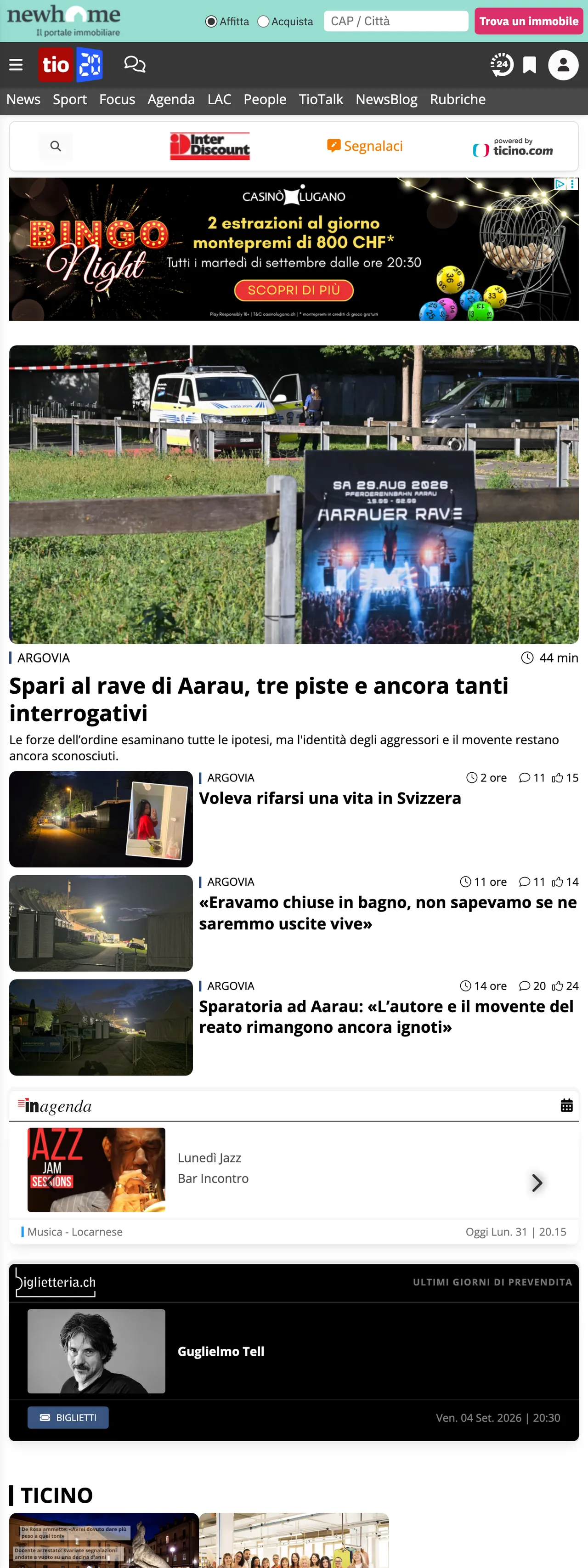 Screenshot of the Ticinonline front page