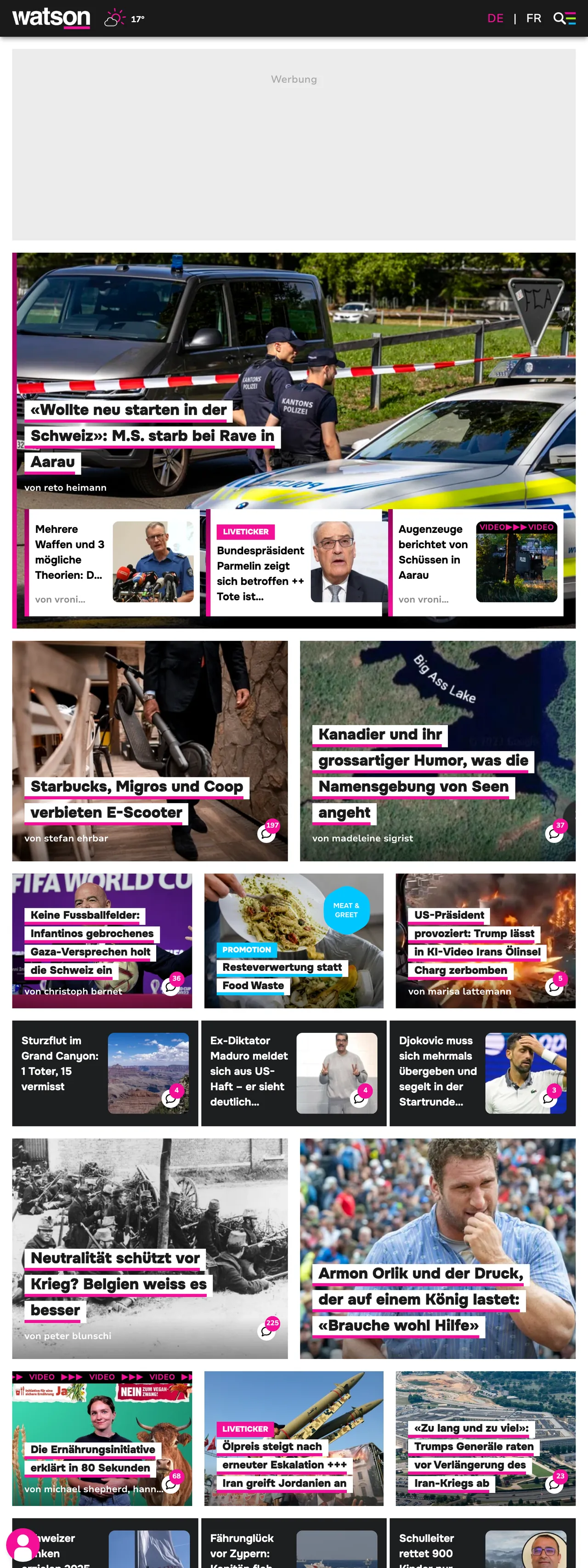 Screenshot of the watson front page