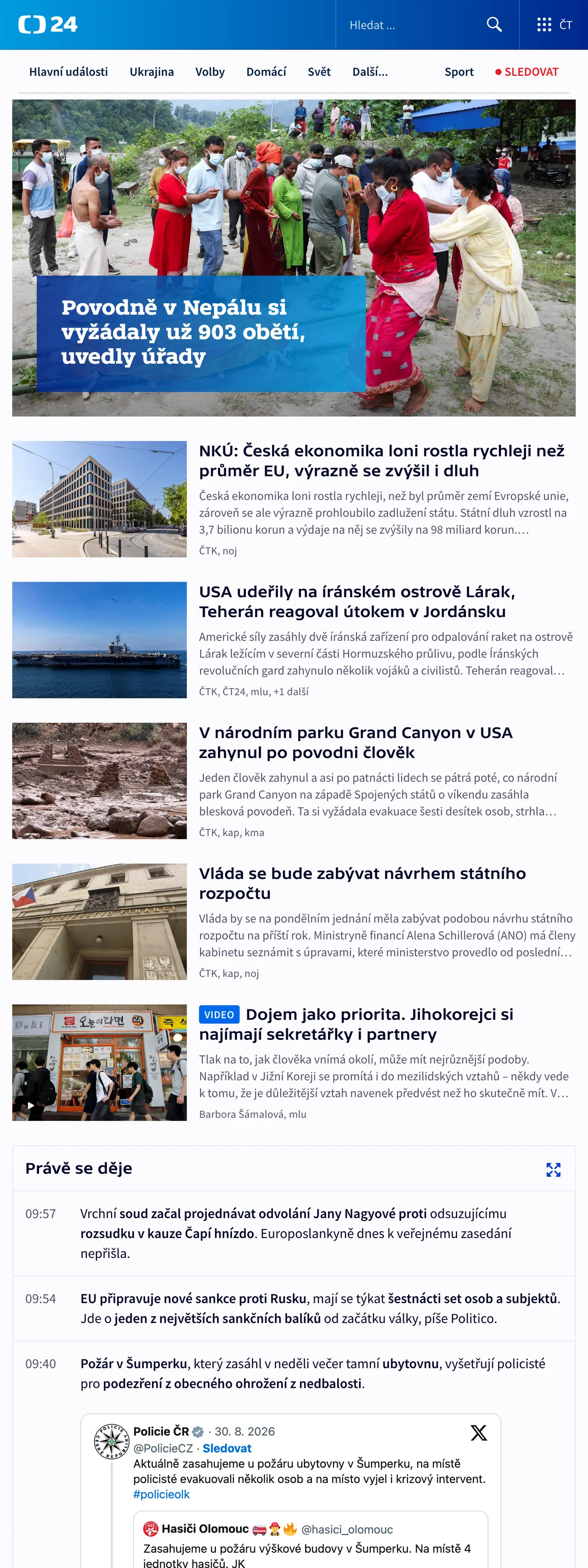 Screenshot of the ČT24 front page