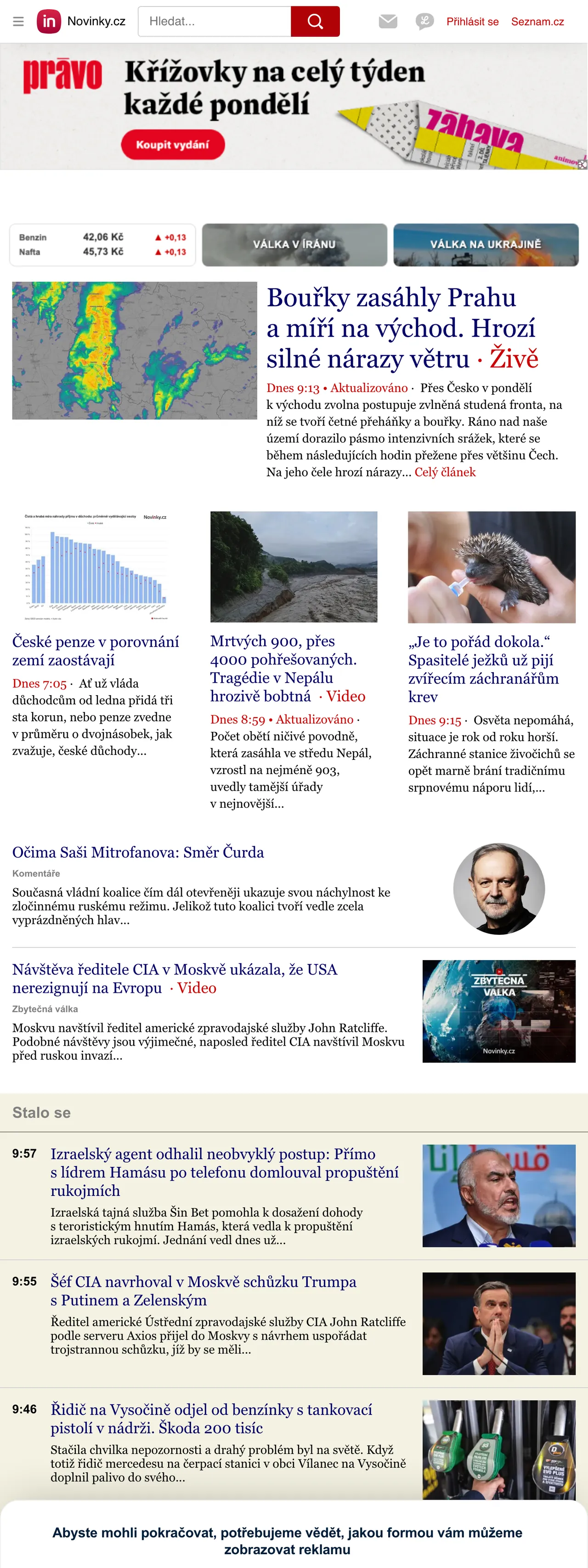 Screenshot of the Novinky.cz front page