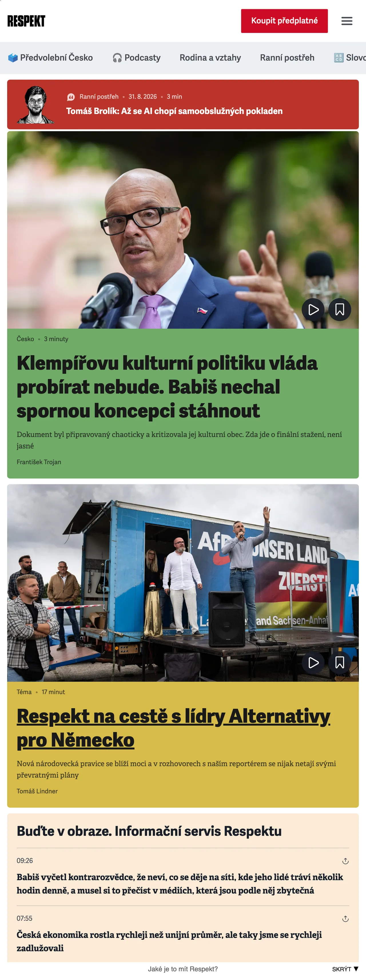 Screenshot of the Respekt front page