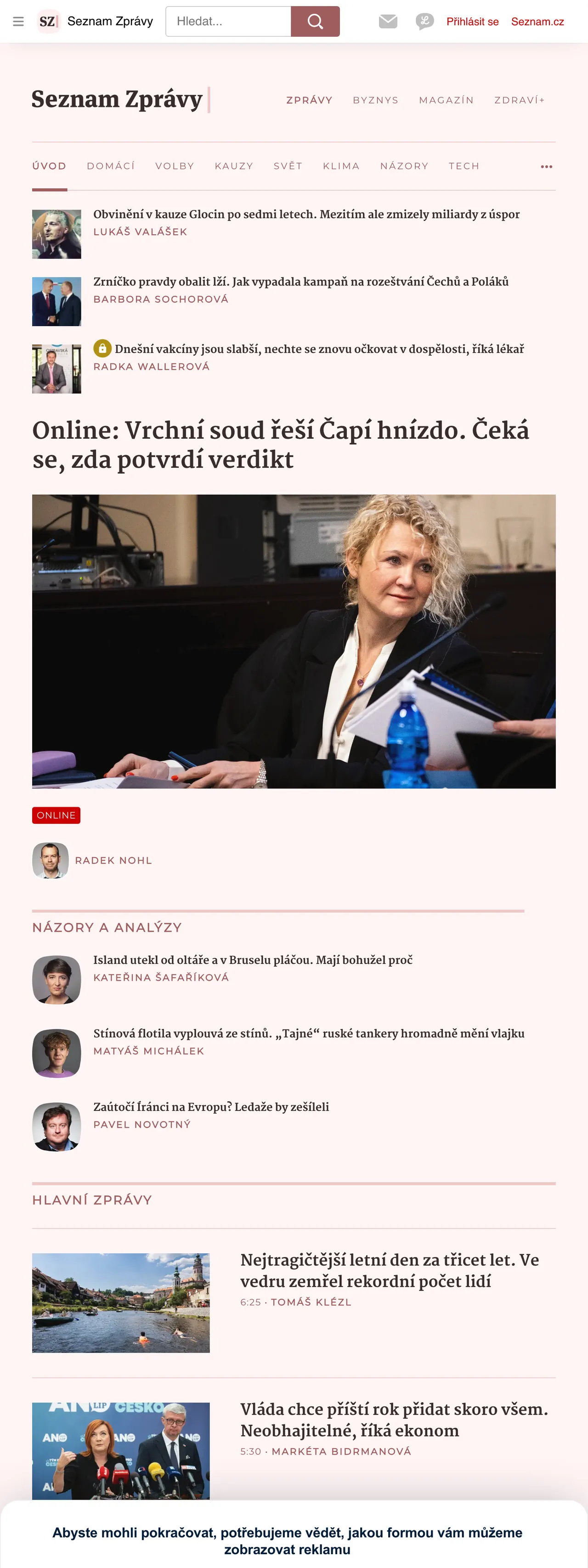 Screenshot of the Seznam Zprávy front page