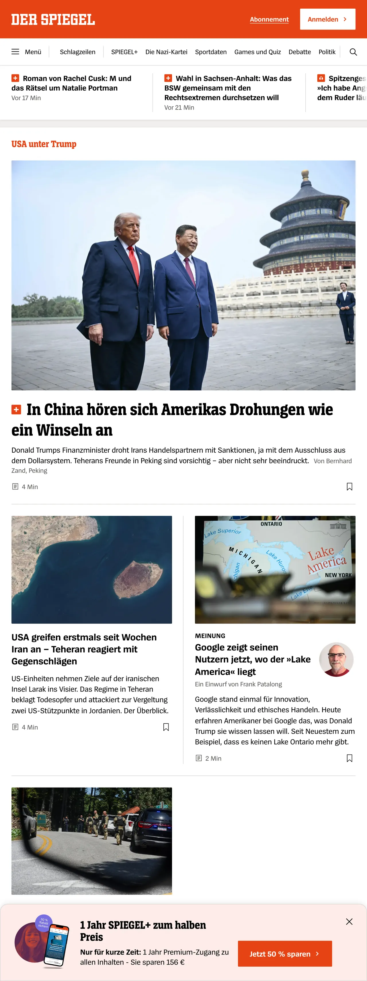 Screenshot of the DER SPIEGEL front page
