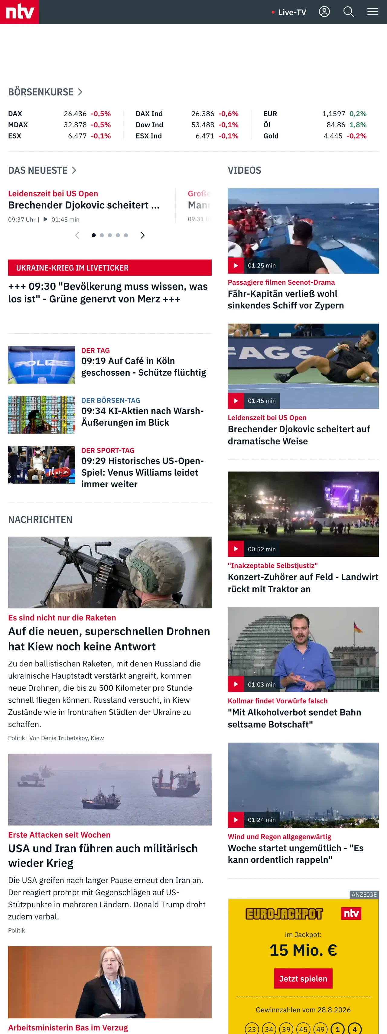 Screenshot of the n-tv front page