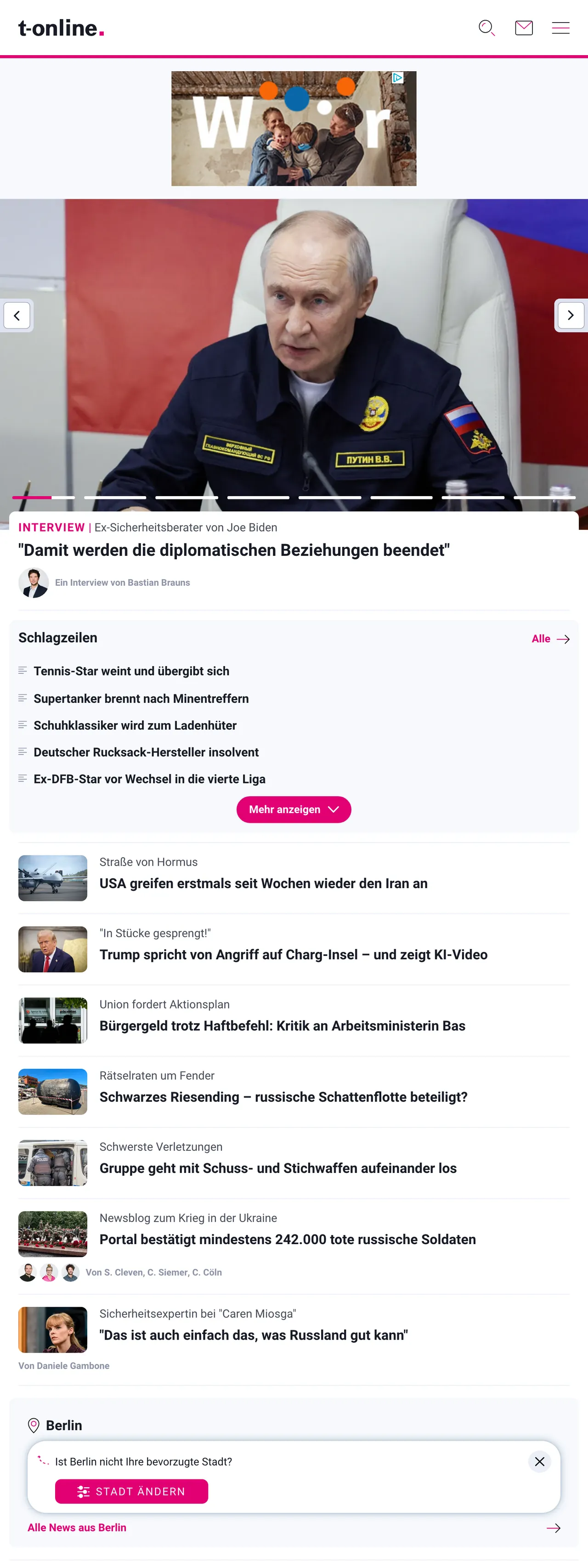 Screenshot of the t-online front page