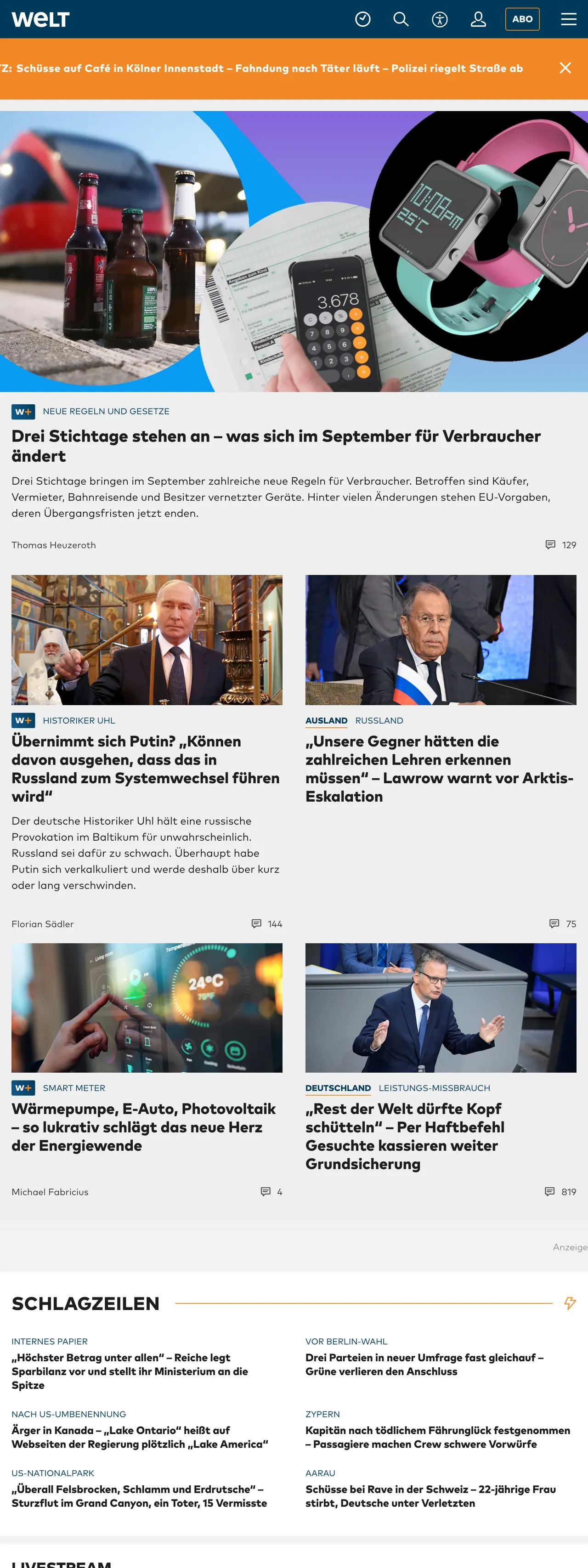 Screenshot of the WELT front page