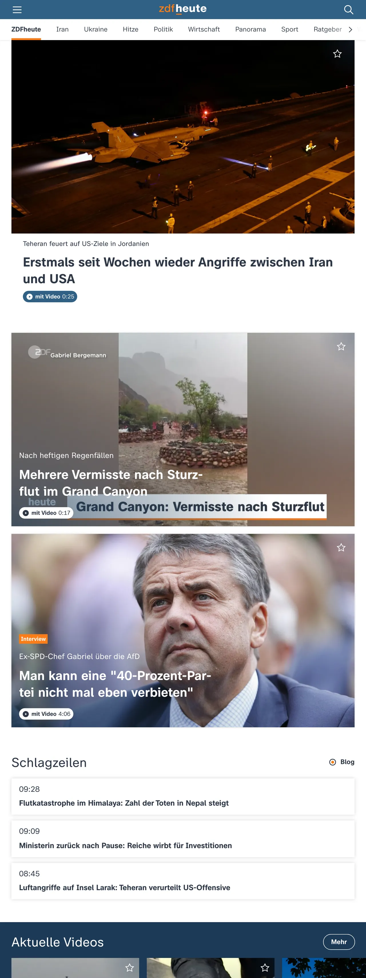 Screenshot of the ZDFheute front page