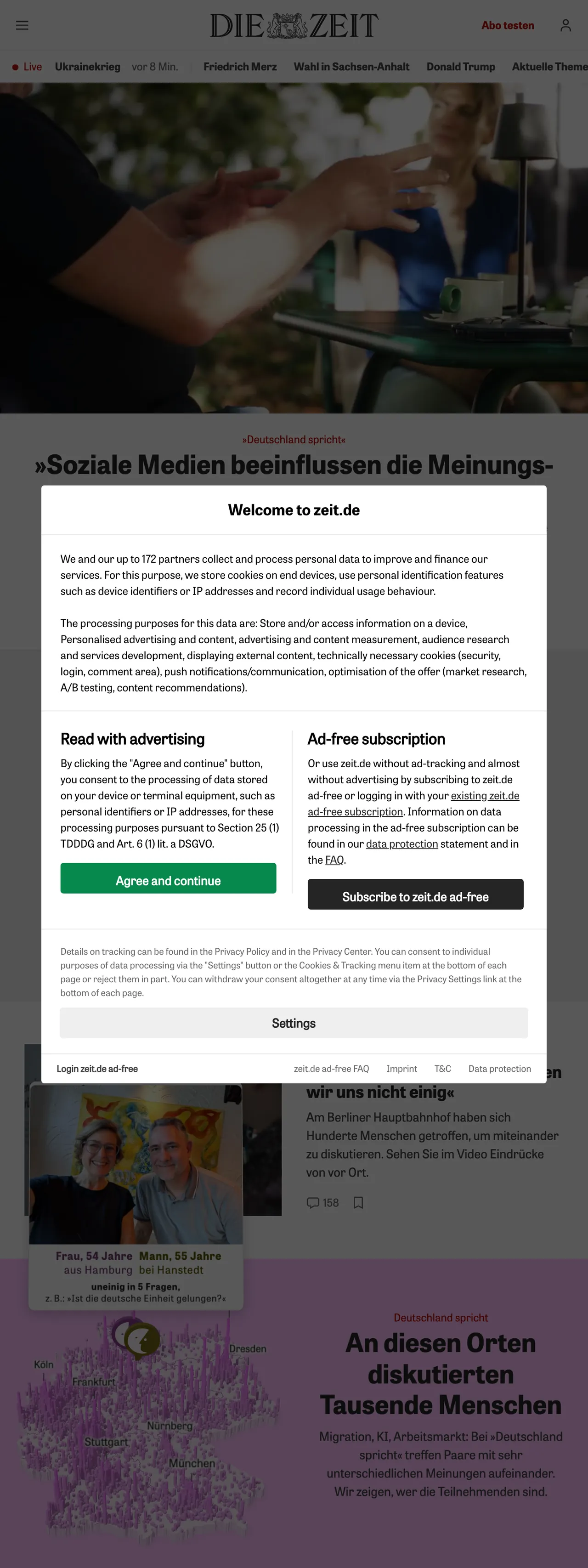 Screenshot of the ZEIT ONLINE front page