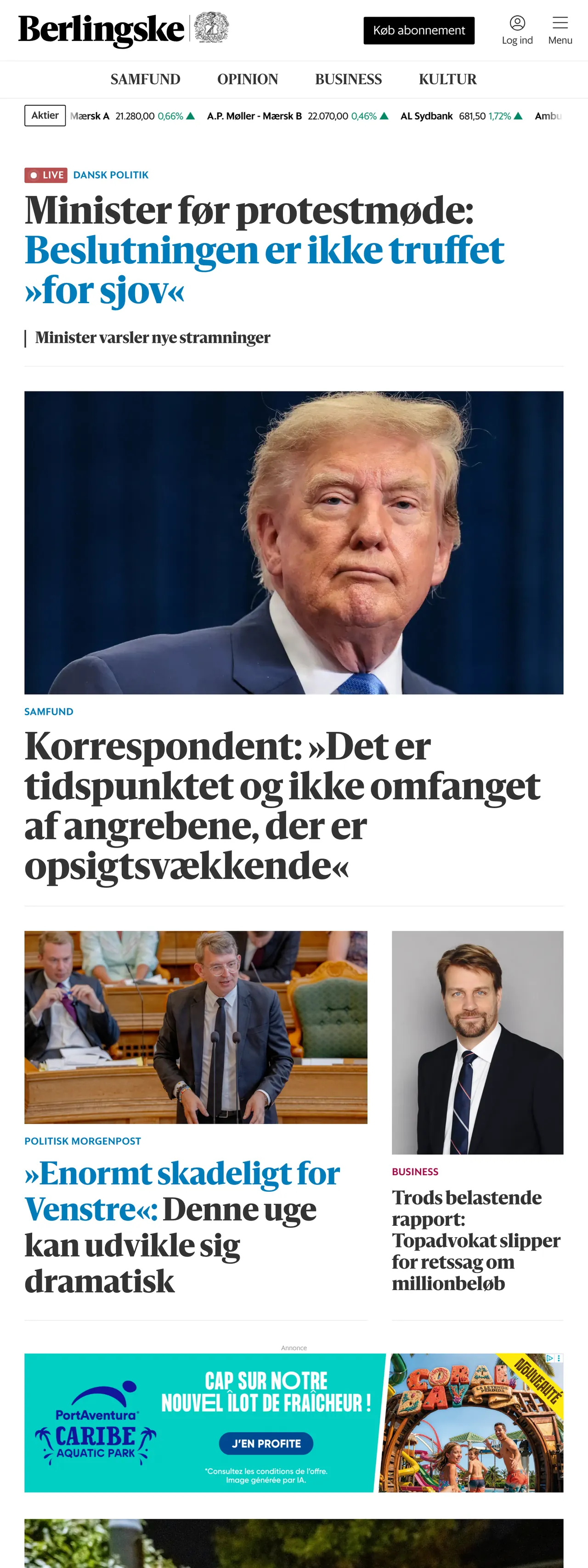 Screenshot of the Berlingske front page