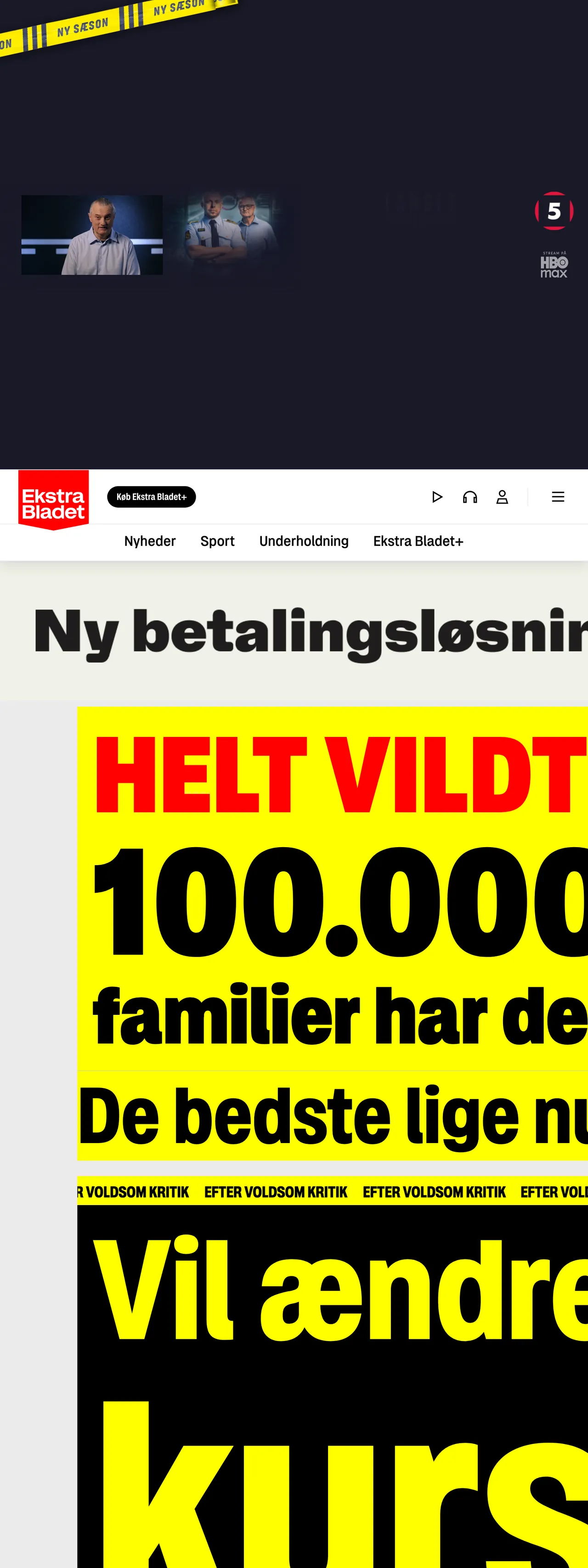 Screenshot of the Ekstra Bladet front page
