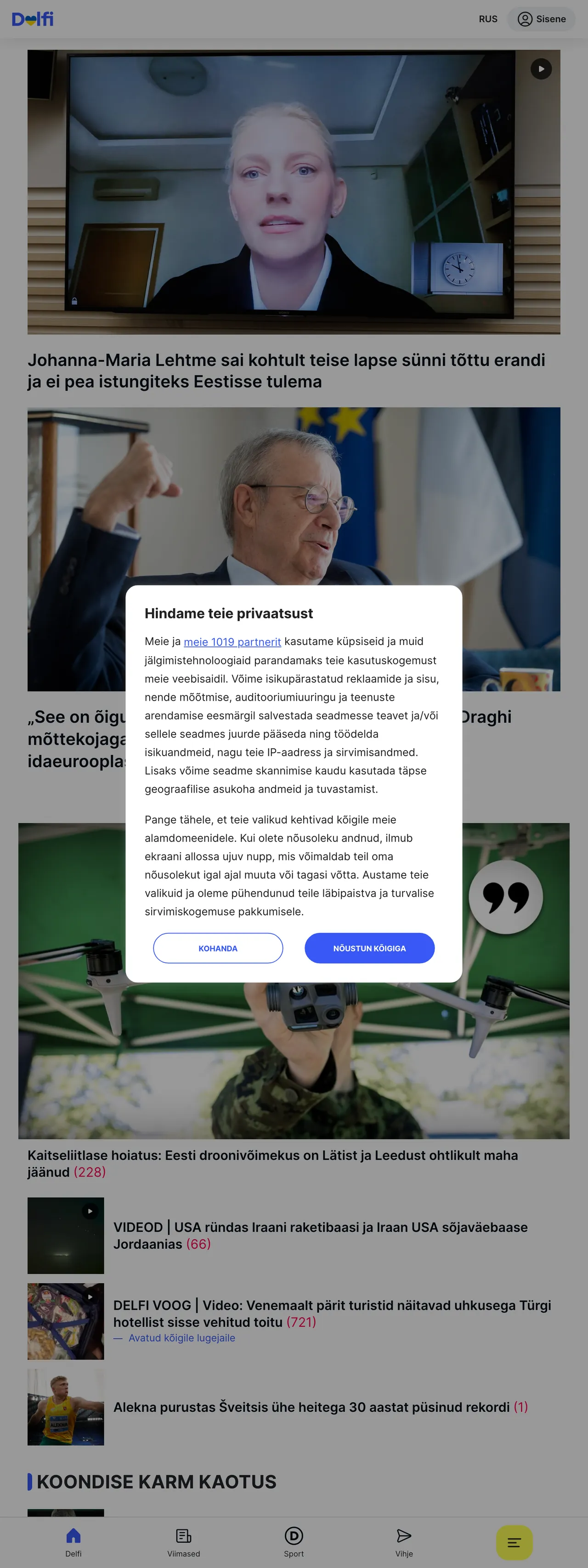 Screenshot of the Delfi front page