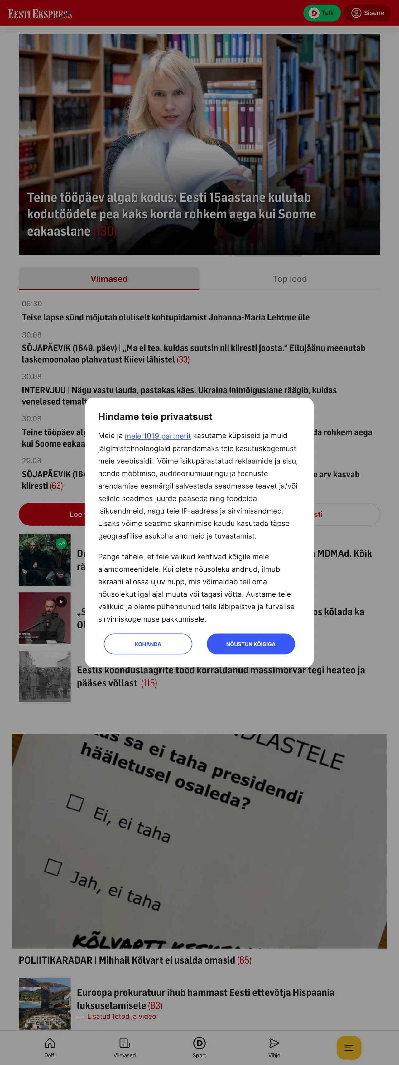 Screenshot of the Eesti Ekspress front page