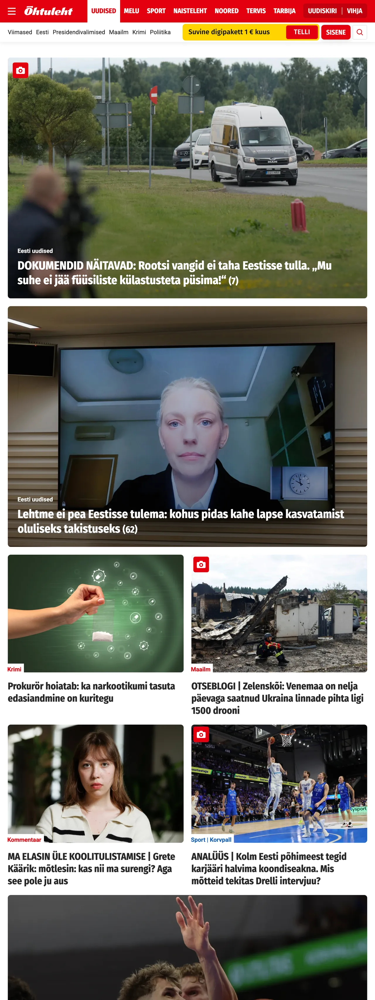 Screenshot of the Õhtuleht front page