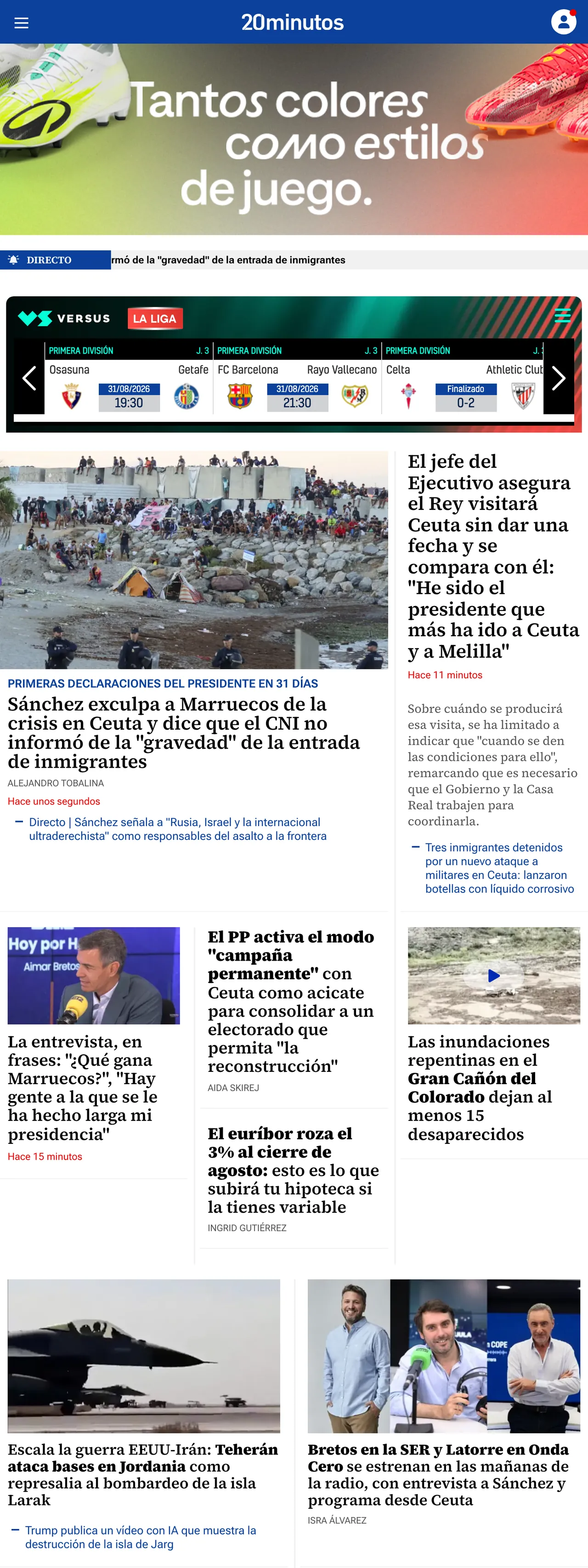 Screenshot of the 20minutos front page