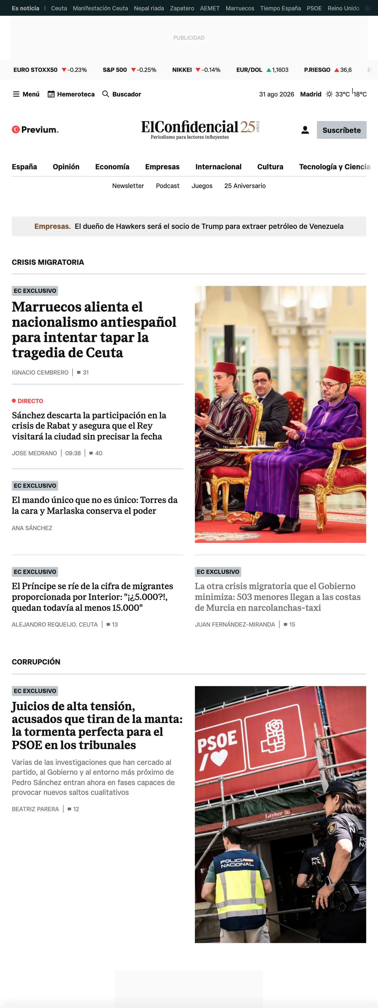 Screenshot of the El Confidencial front page