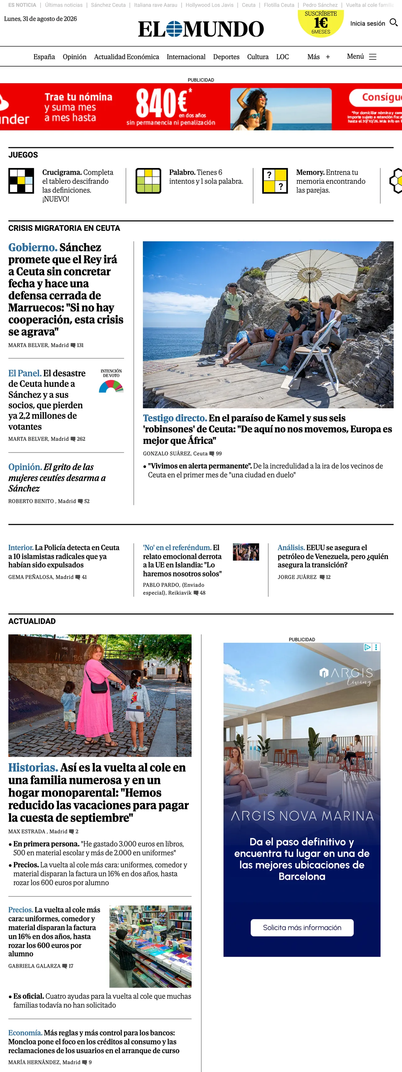 Screenshot of the El Mundo front page