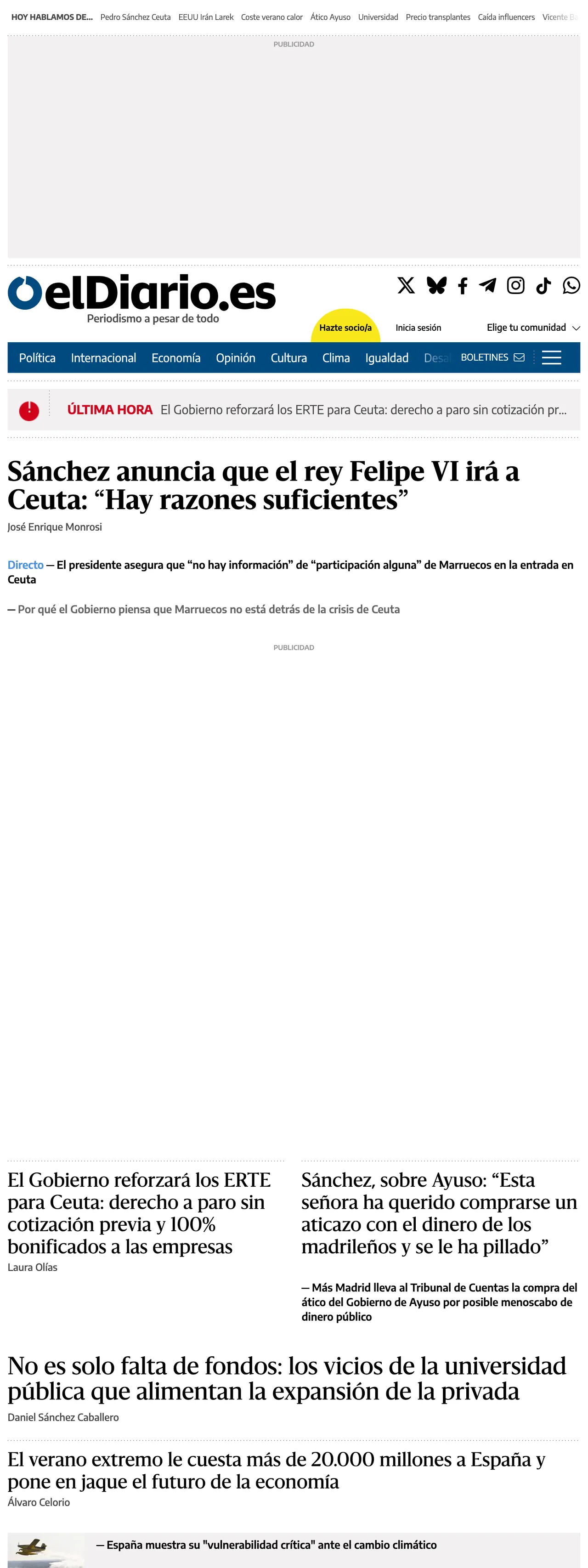 Screenshot of the elDiario.es front page
