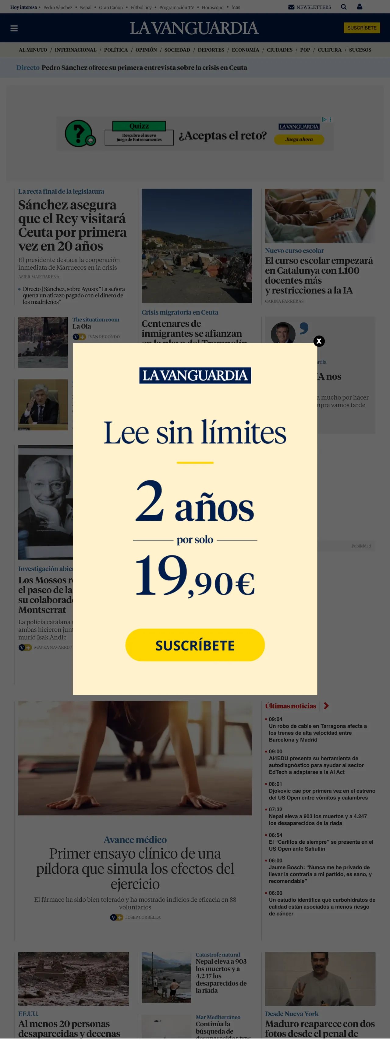 Screenshot of the La Vanguardia front page