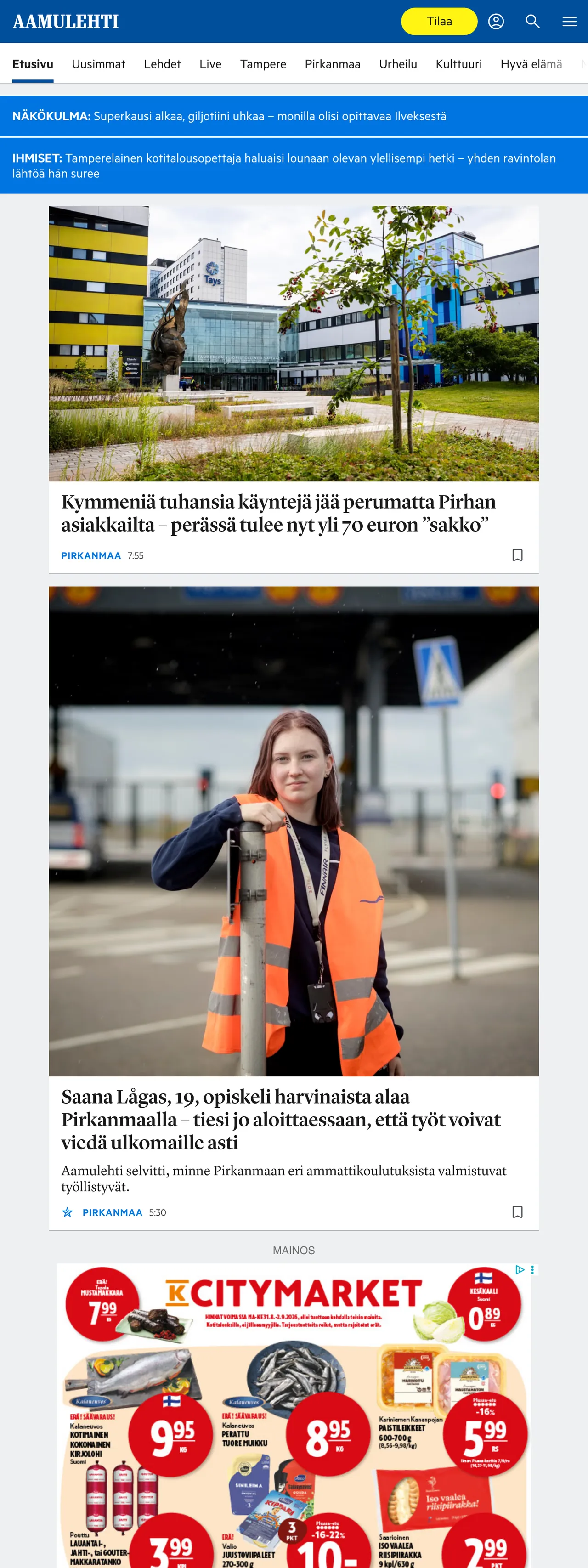 Screenshot of the Aamulehti front page