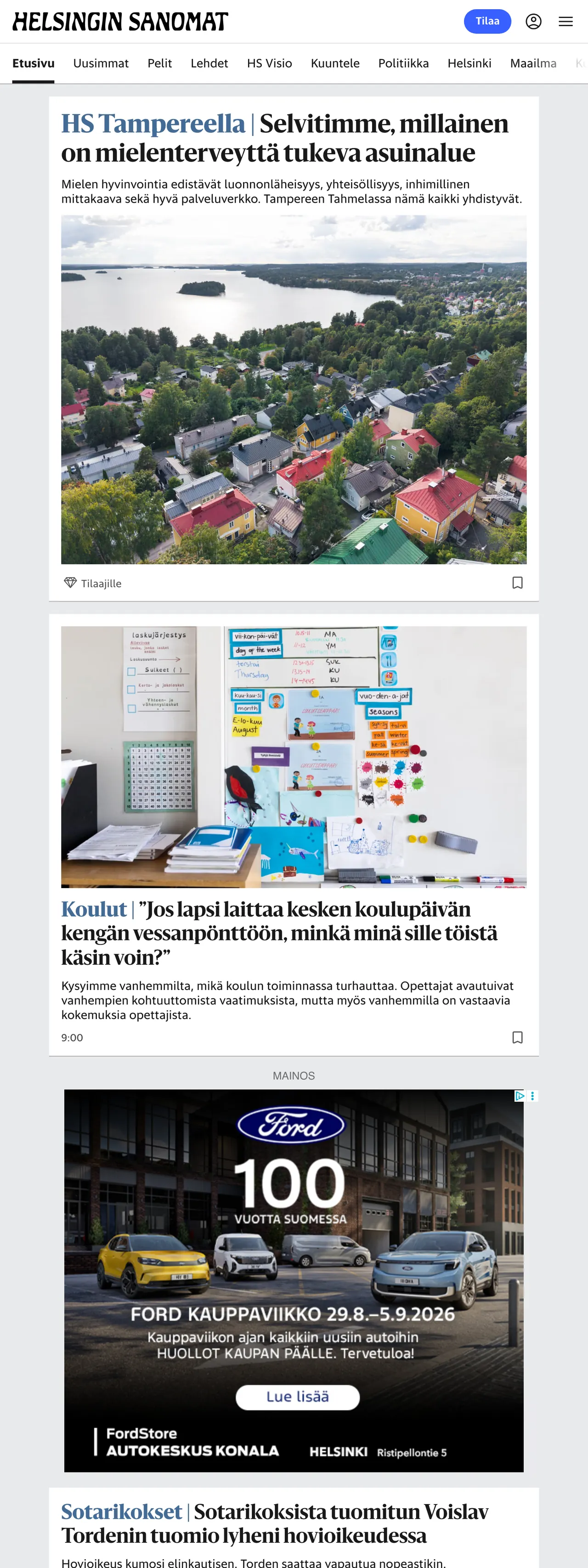 Screenshot of the Helsingin Sanomat front page