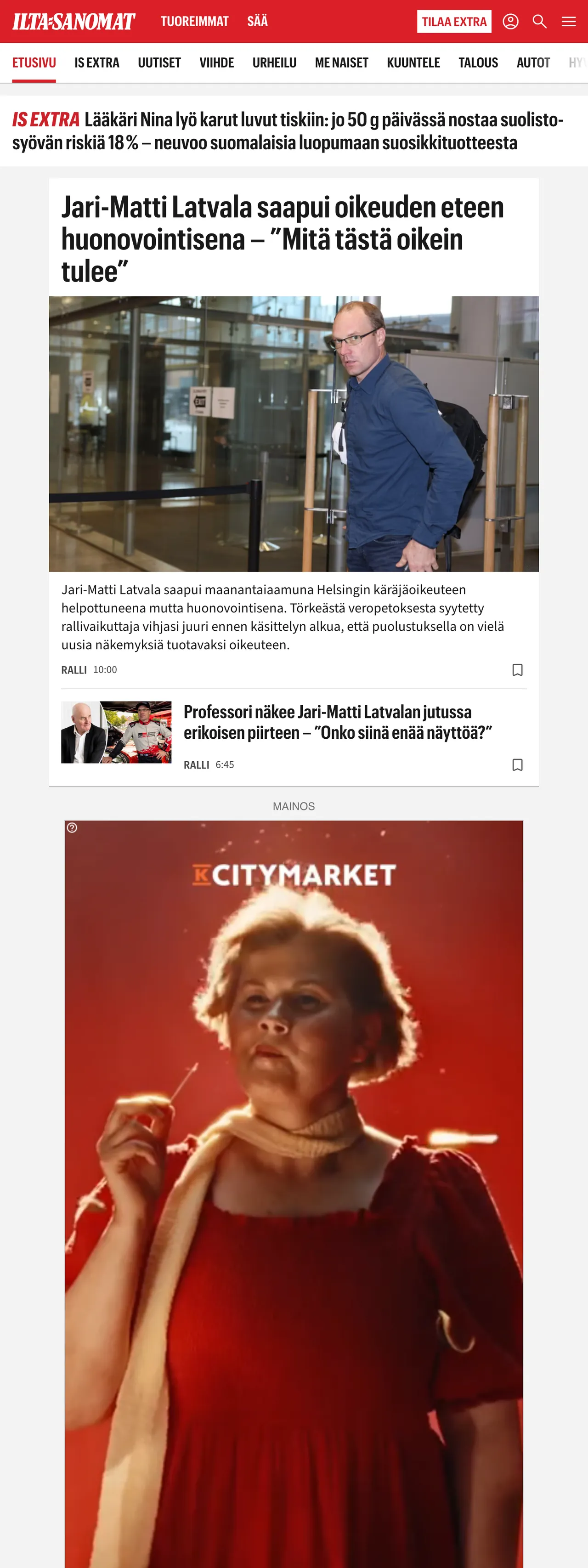 Screenshot of the Ilta-Sanomat front page