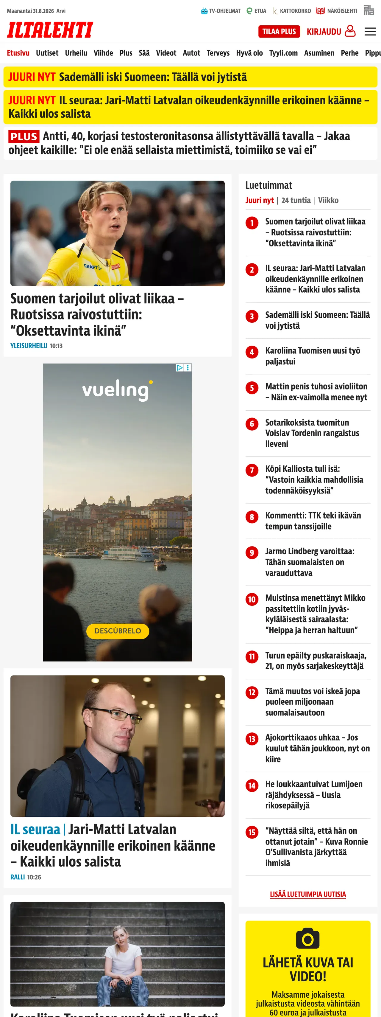 Screenshot of the Iltalehti front page