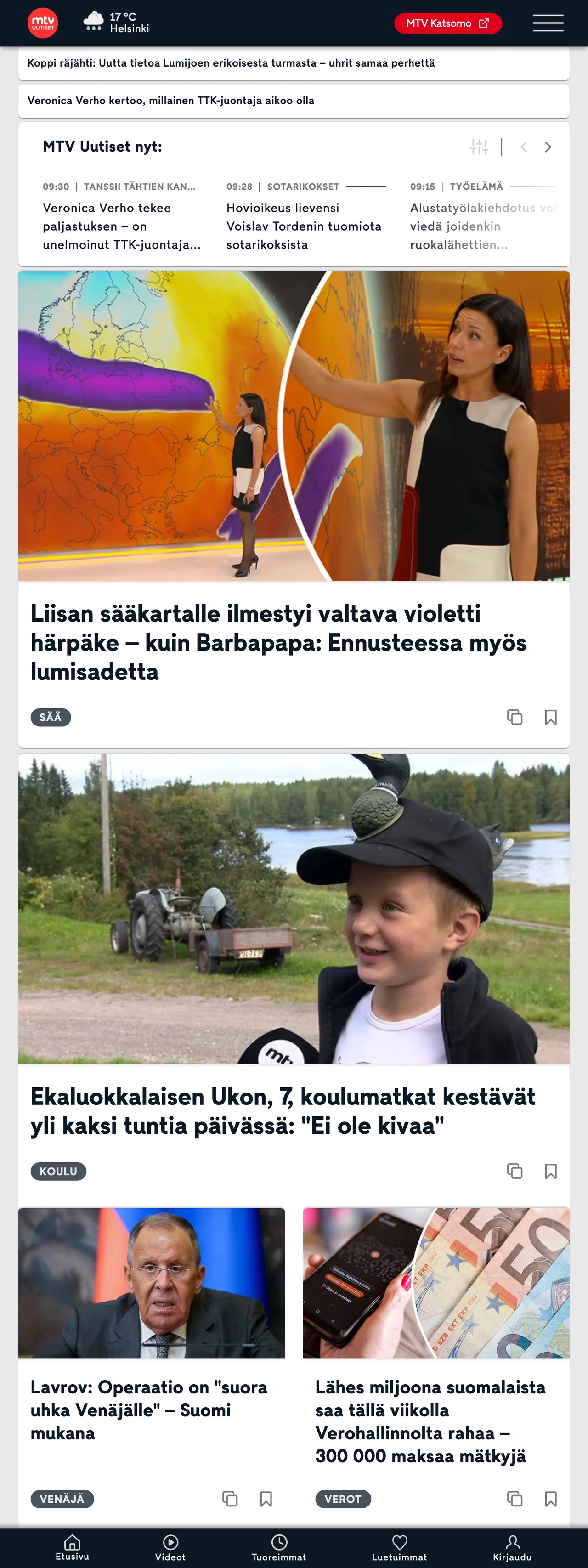Screenshot of the MTV Uutiset front page