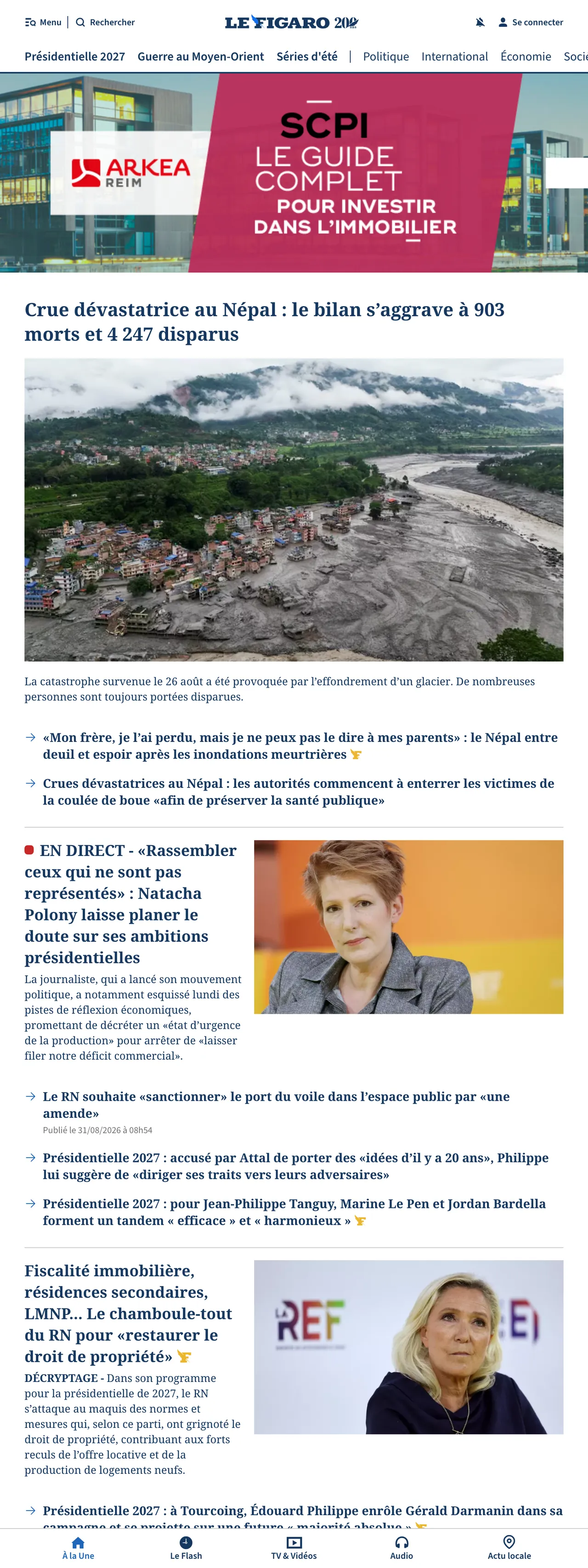 Screenshot of the Le Figaro front page