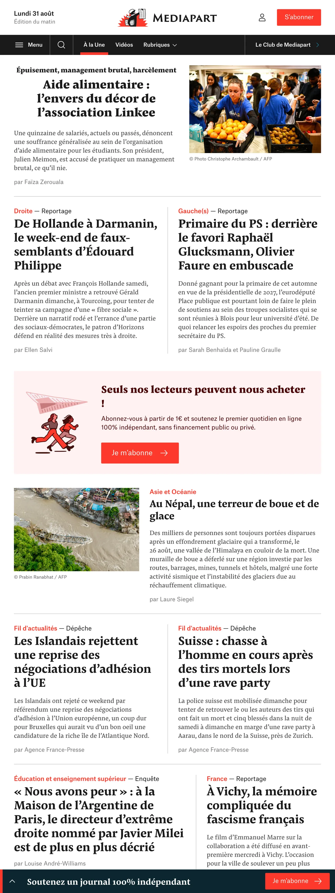 Screenshot of the Mediapart front page
