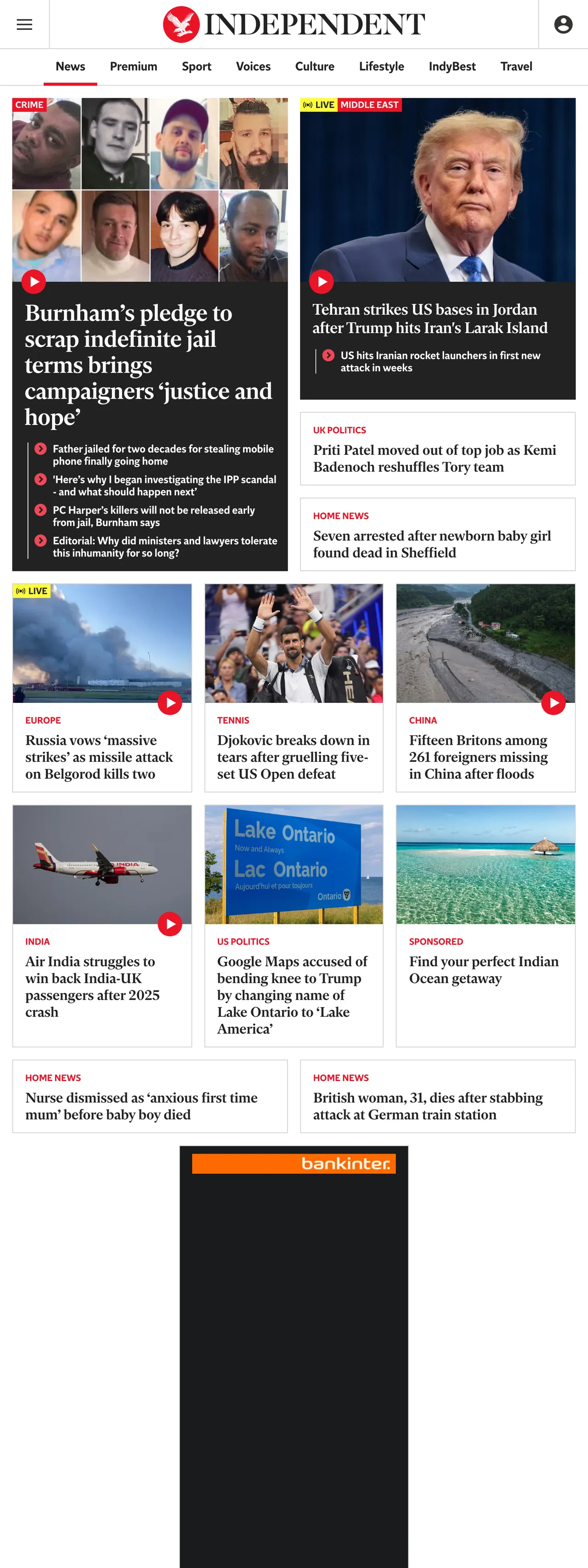Screenshot of the The Independent front page