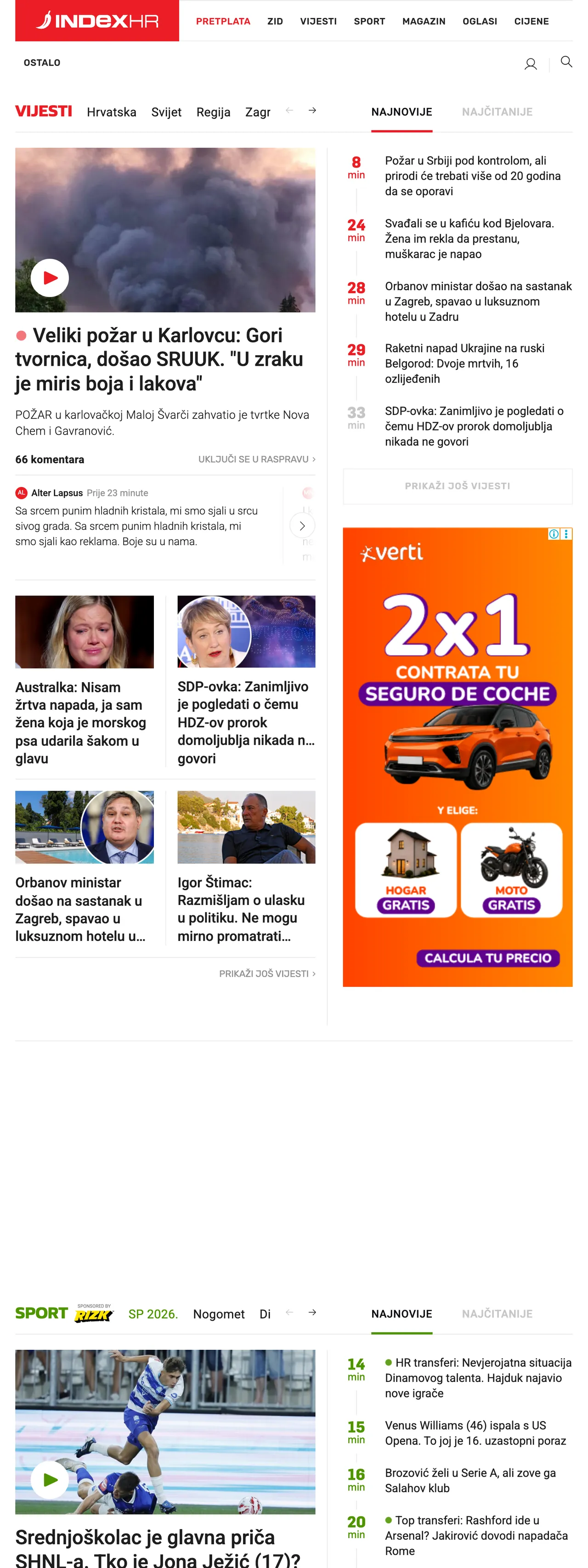 Screenshot of the Index.hr front page