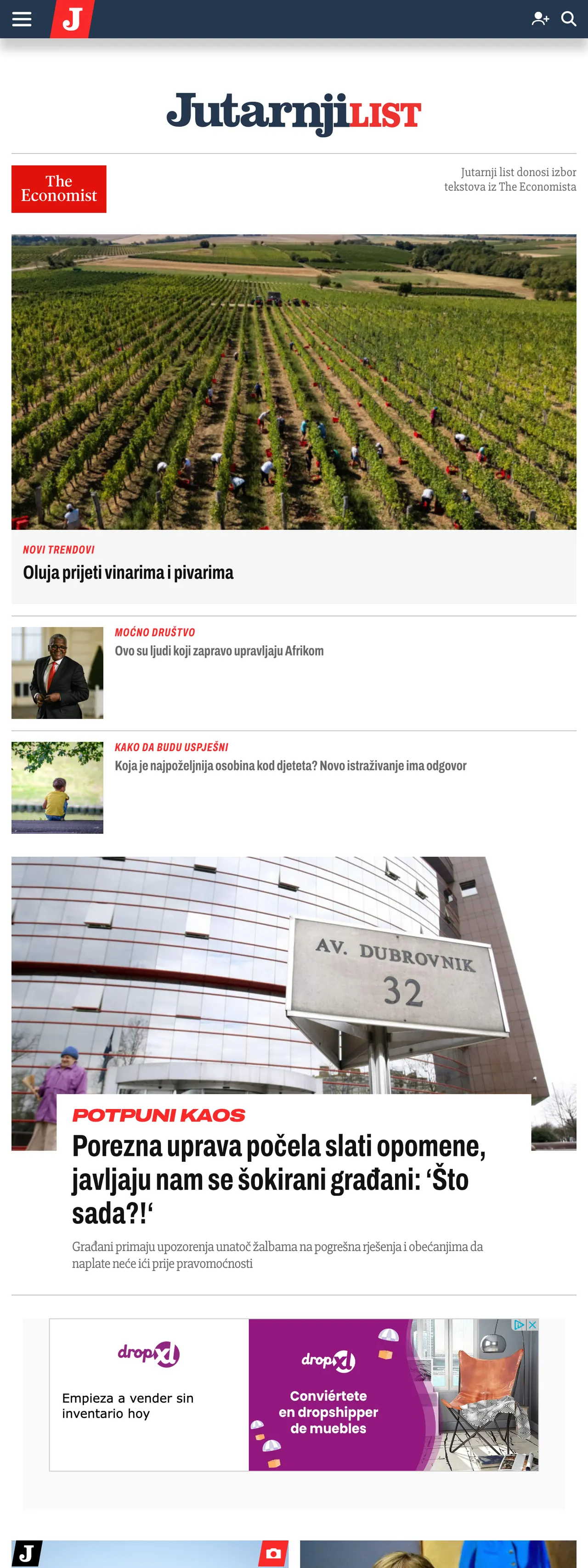 Screenshot of the Jutarnji list front page