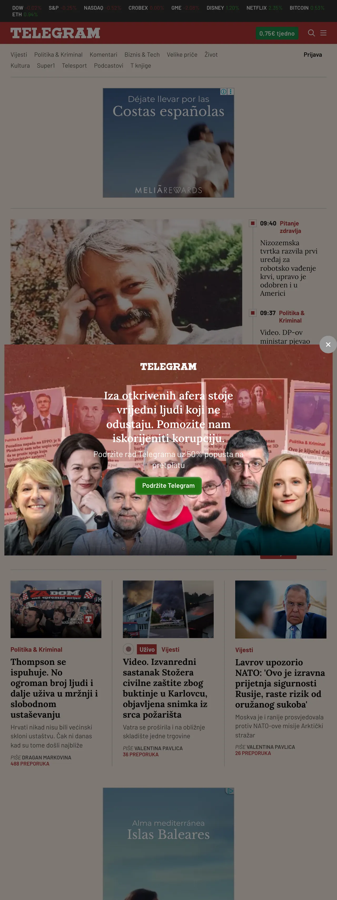 Screenshot of the Telegram.hr front page