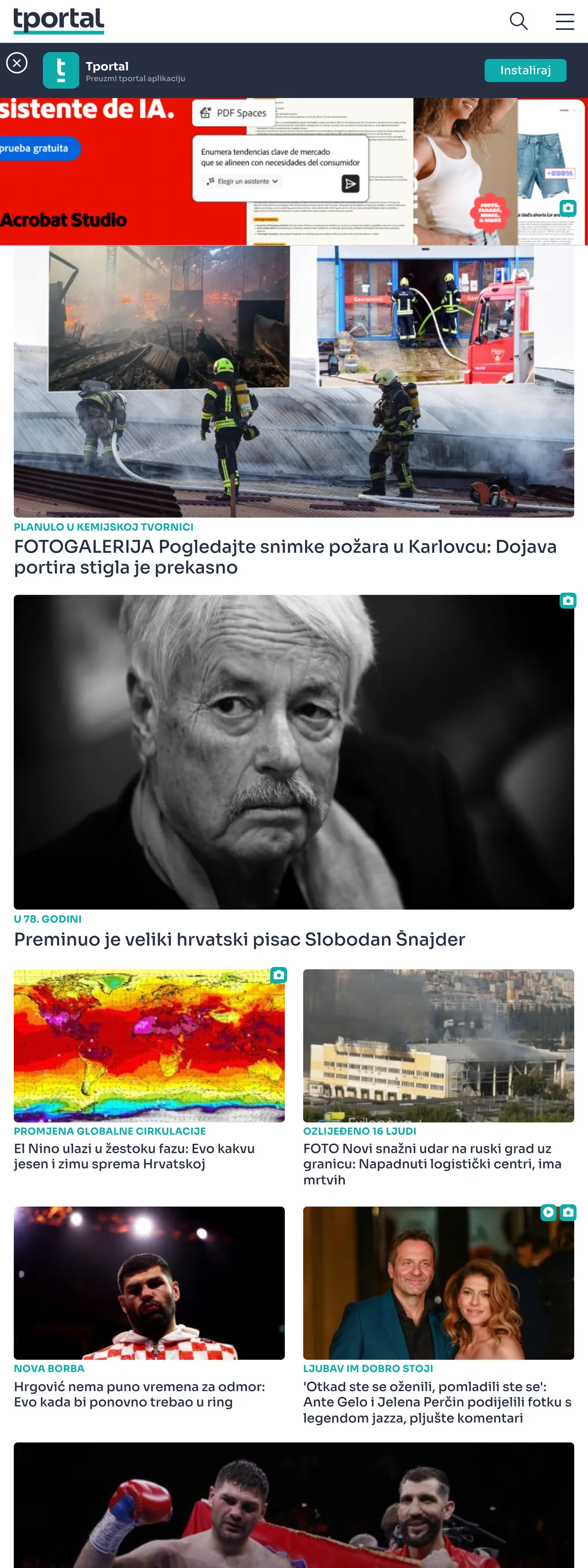 Screenshot of the tportal front page