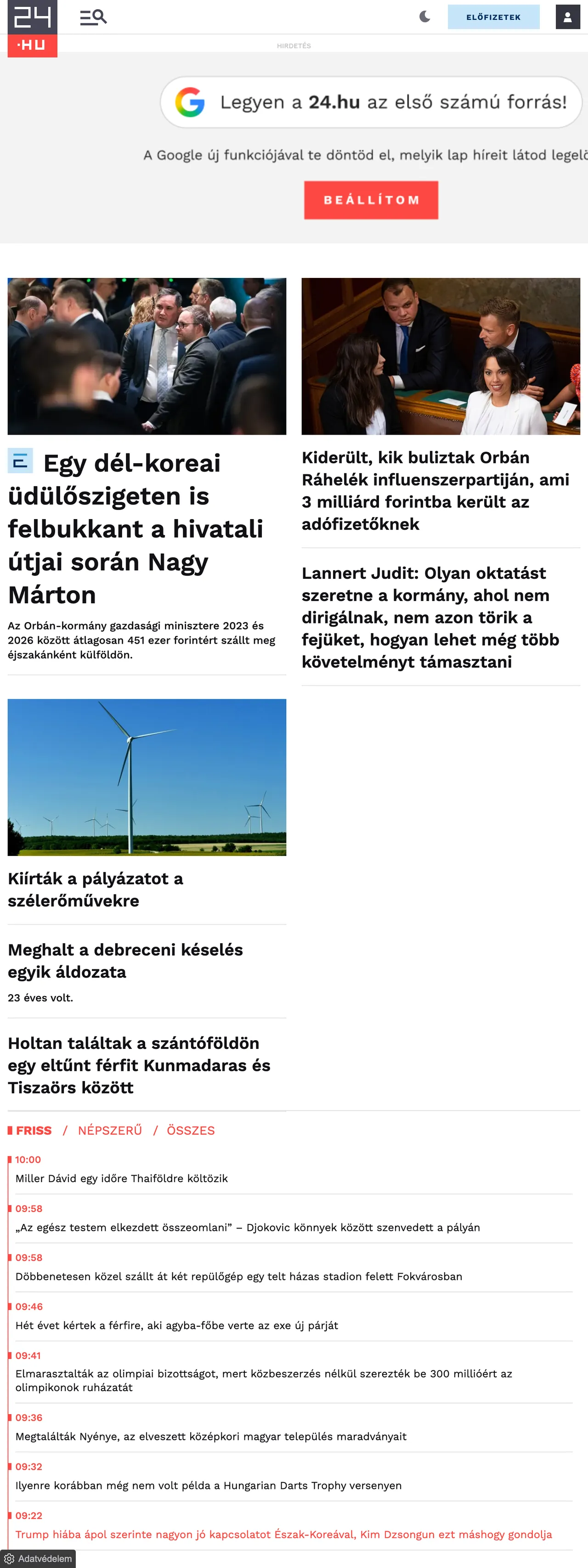 Screenshot of the 24.hu front page