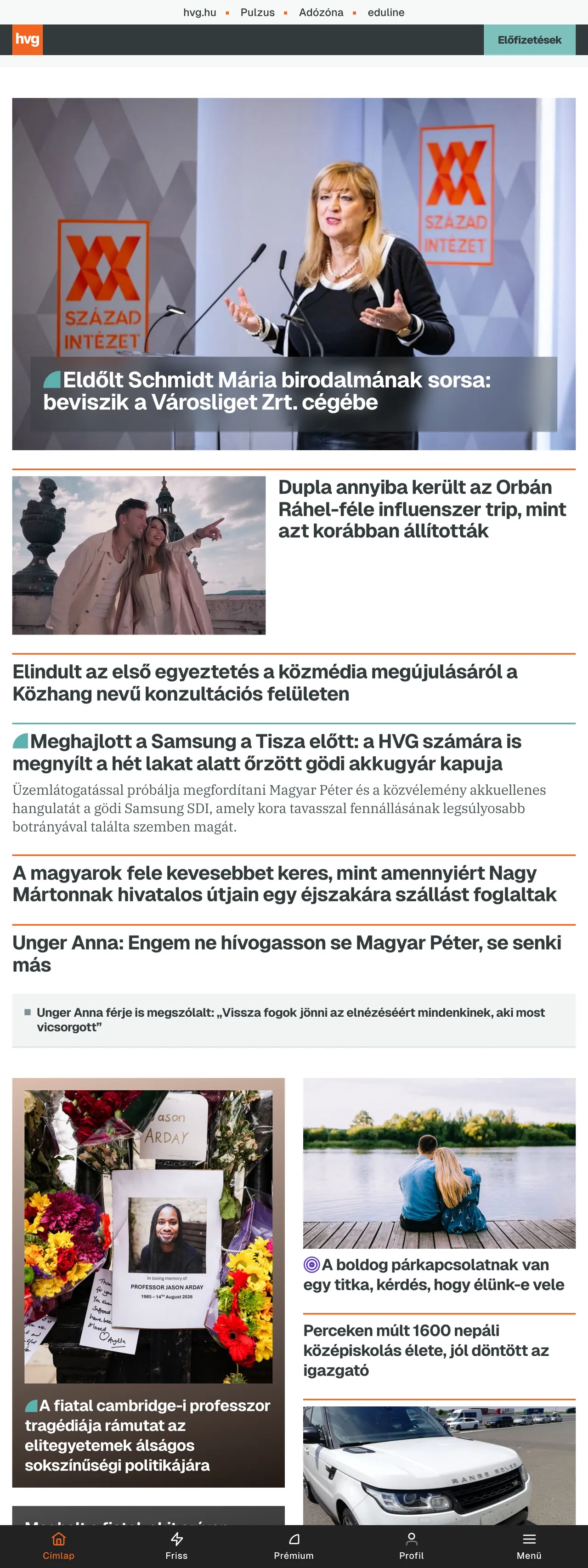 Screenshot of the HVG front page