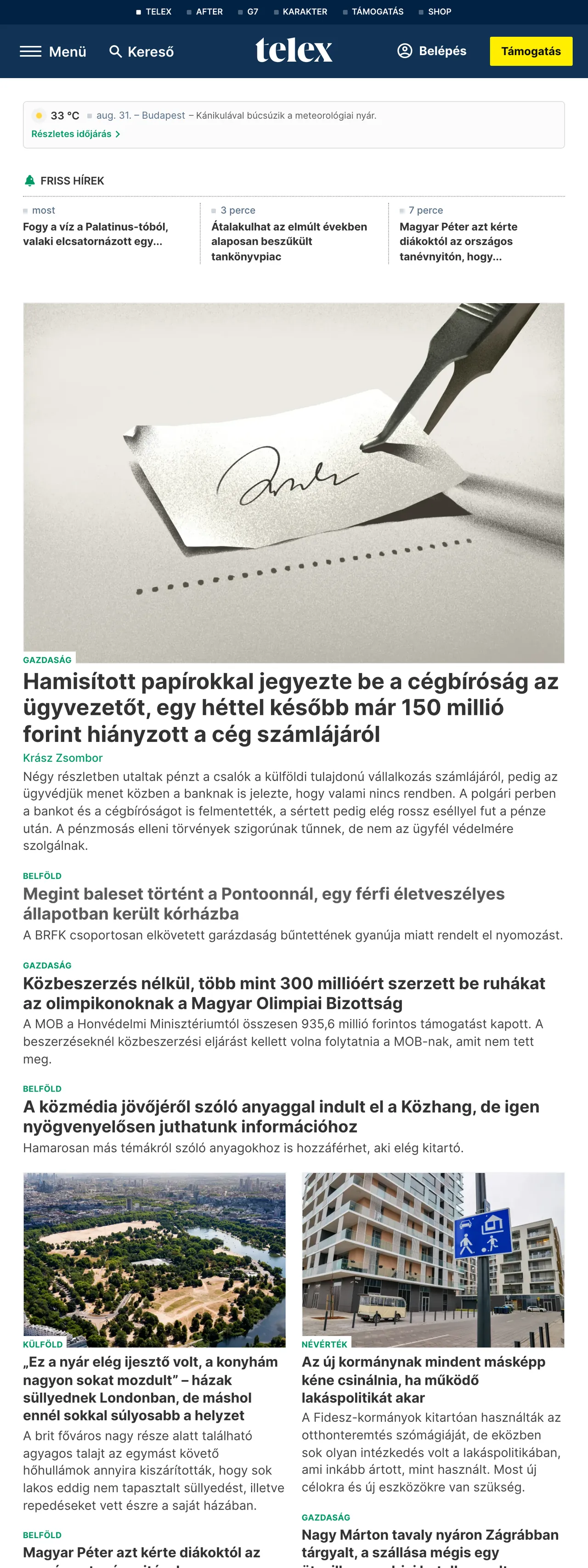 Screenshot of the Telex front page